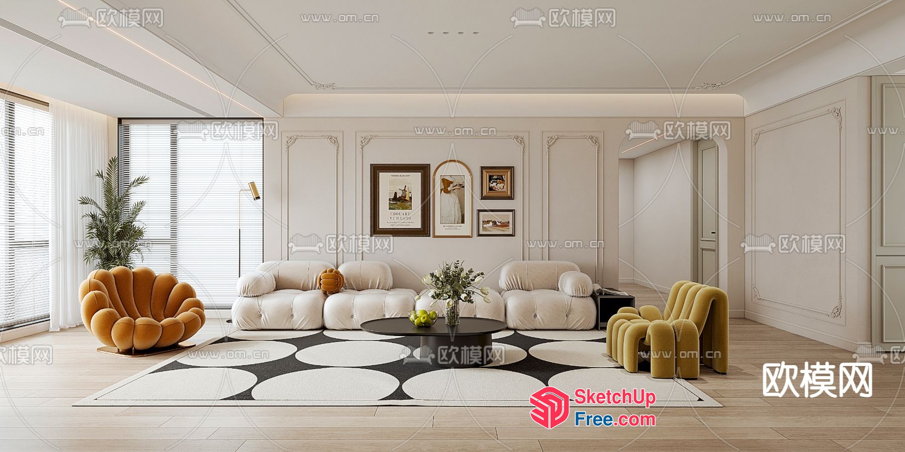 Elegant Modern Living Room With Creamy Style And Minimalist Furniture 3D SketchUp File