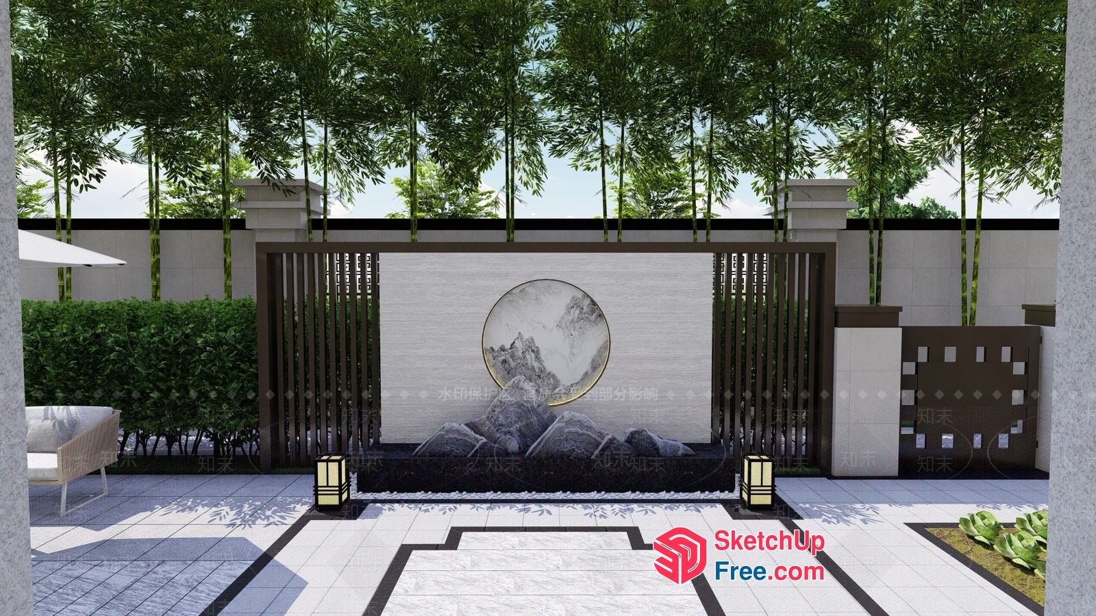 Asian-Inspired Exterior Decor With Elegant Focal Point 3D SketchUp File