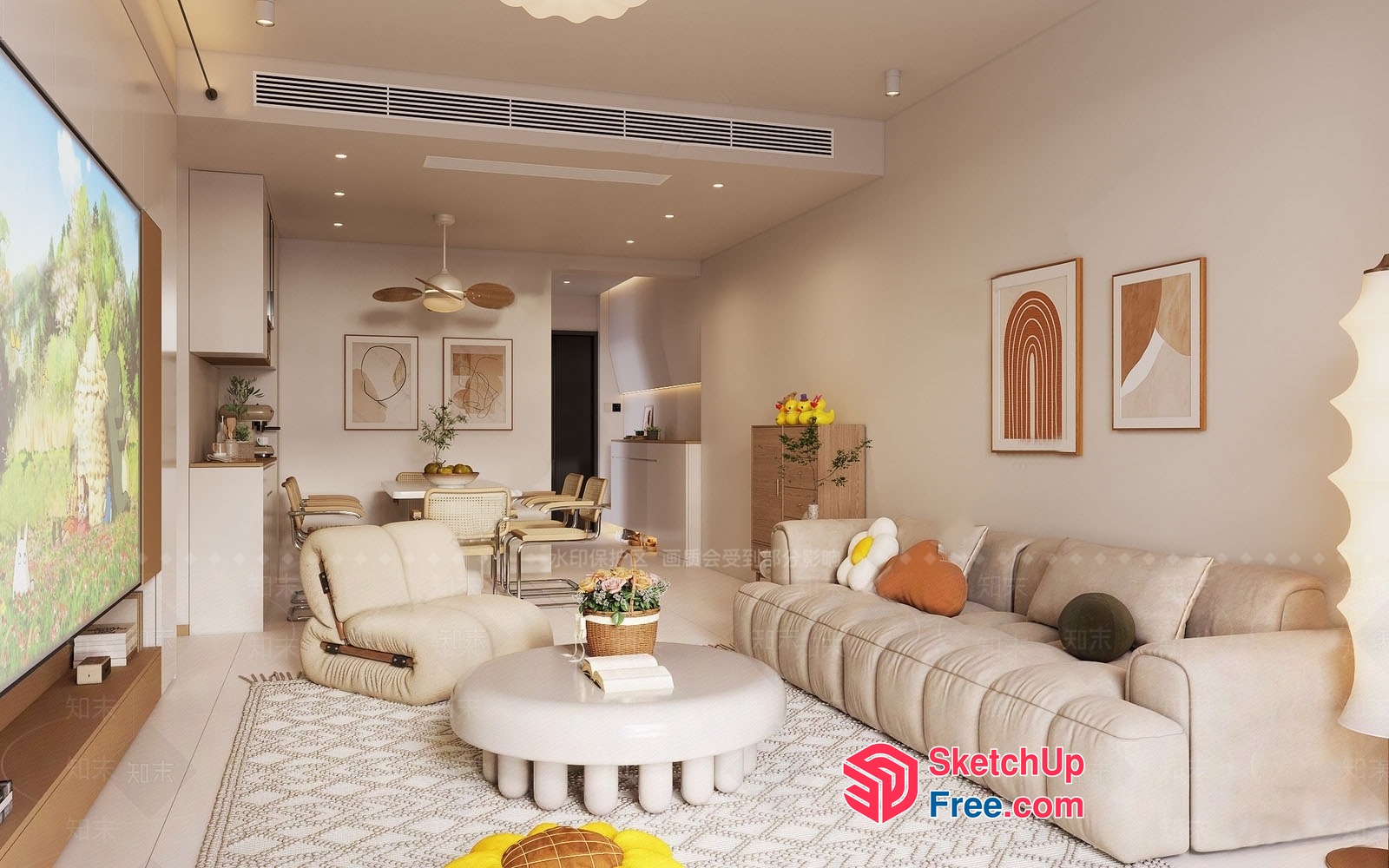 Modern Minimalist Living Room With Creamy Sofa And Tv 3D SketchUp File