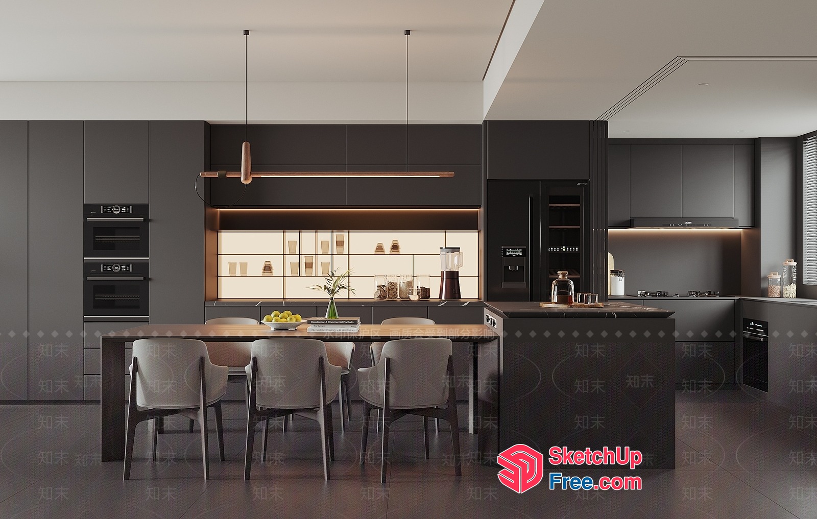 Modern Kitchen With Sleek Black Cabinets And Island 3D SketchUp File