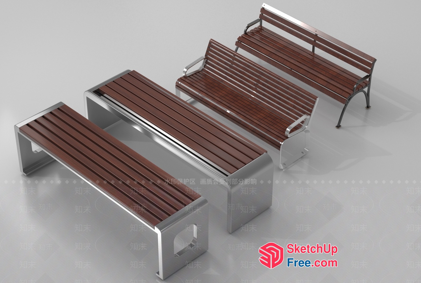 Modern Outdoor Benches With Wooden Slats And Metal Frames 3D SketchUp File