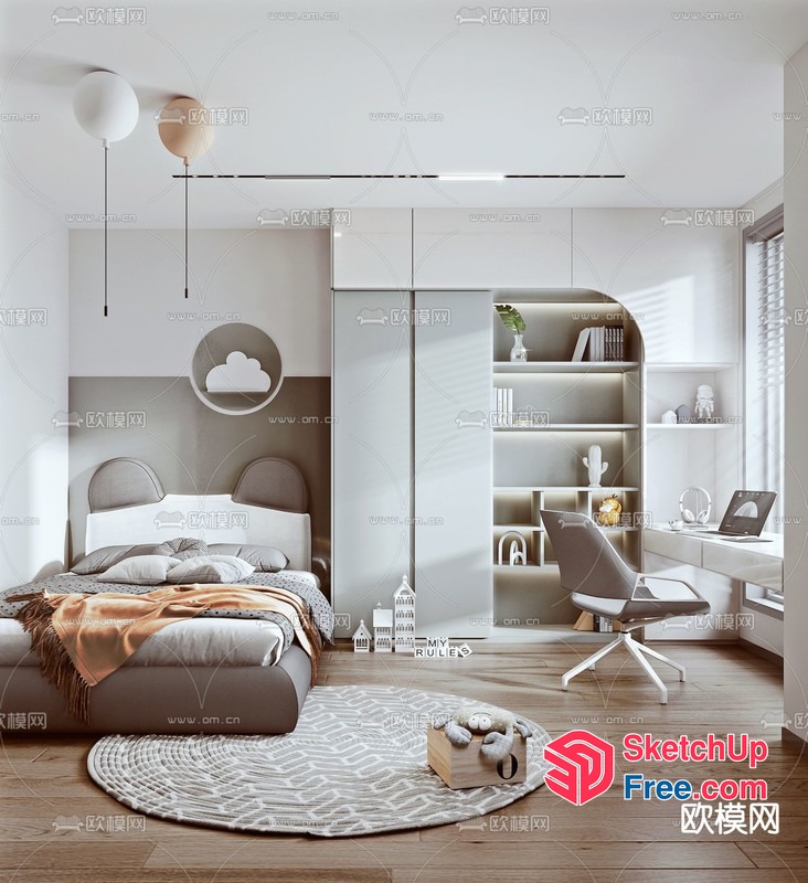 Modern Minimalist White And Grey Bedroom 3D SketchUp File