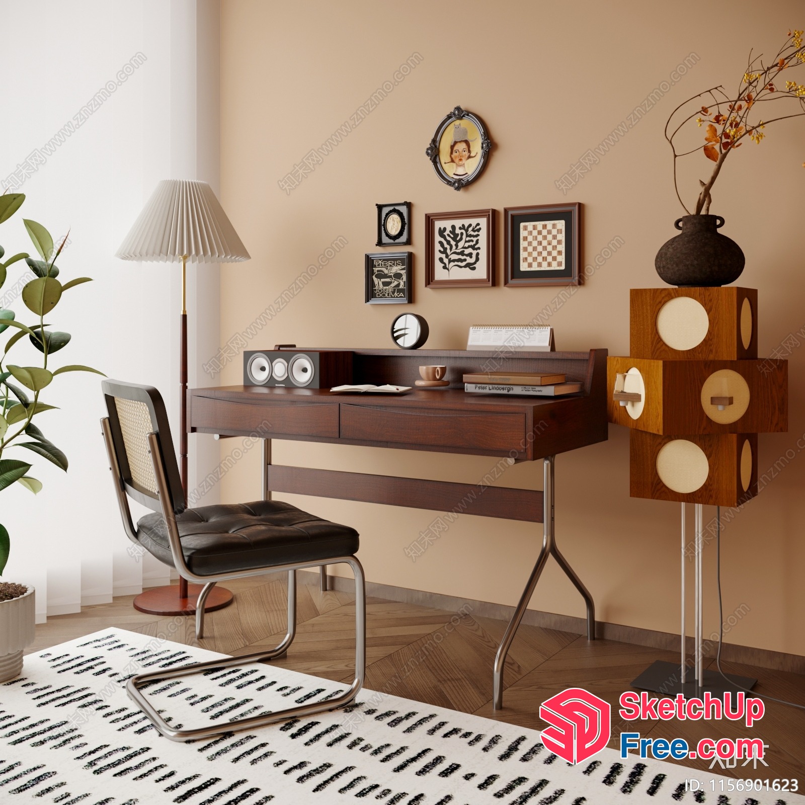 Elegant And Modern Study Room With Wooden Desk 3D SketchUp File