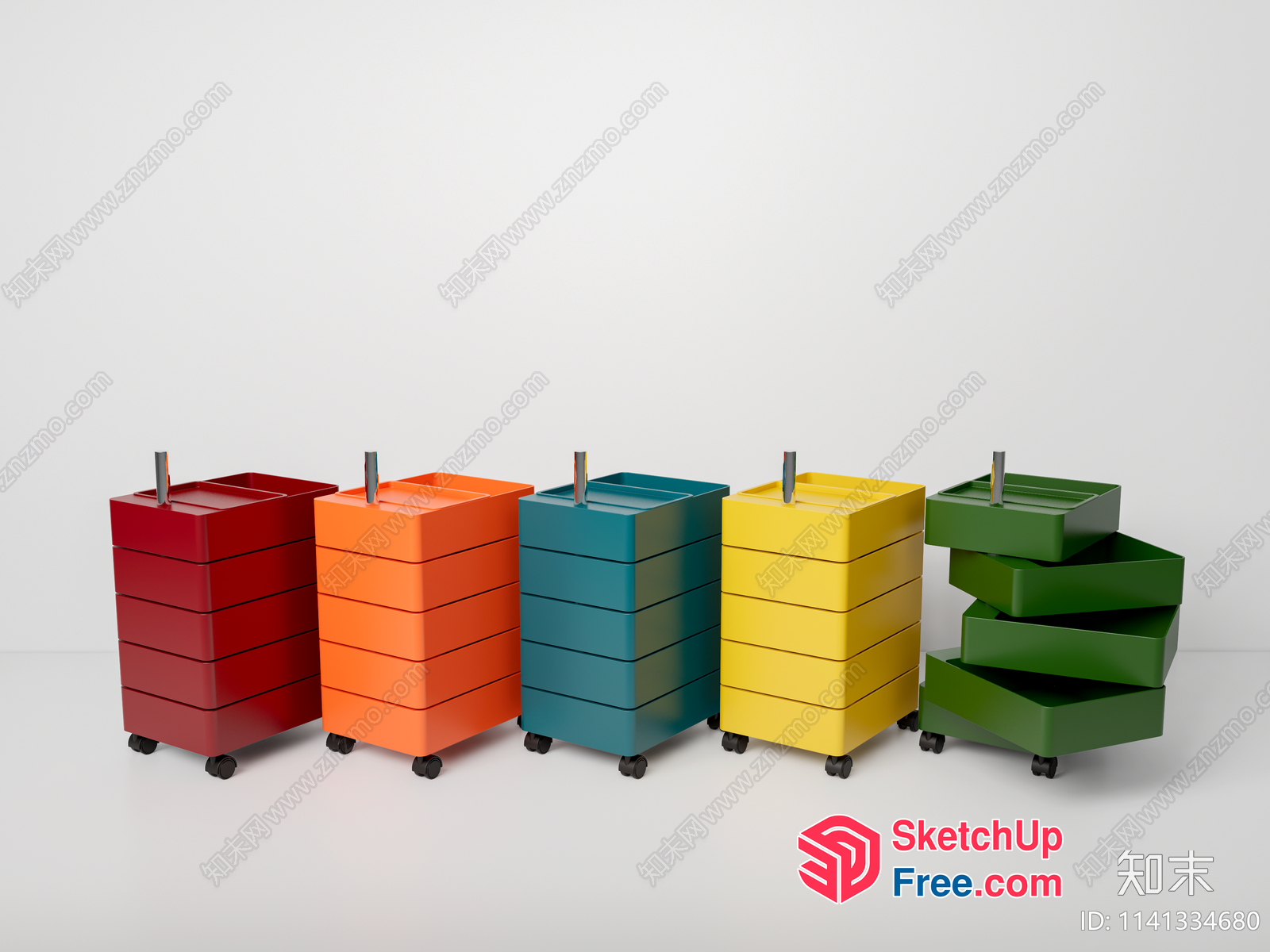 Five Colorful Storage Units And A Green Shelving Unit 3D SketchUp File