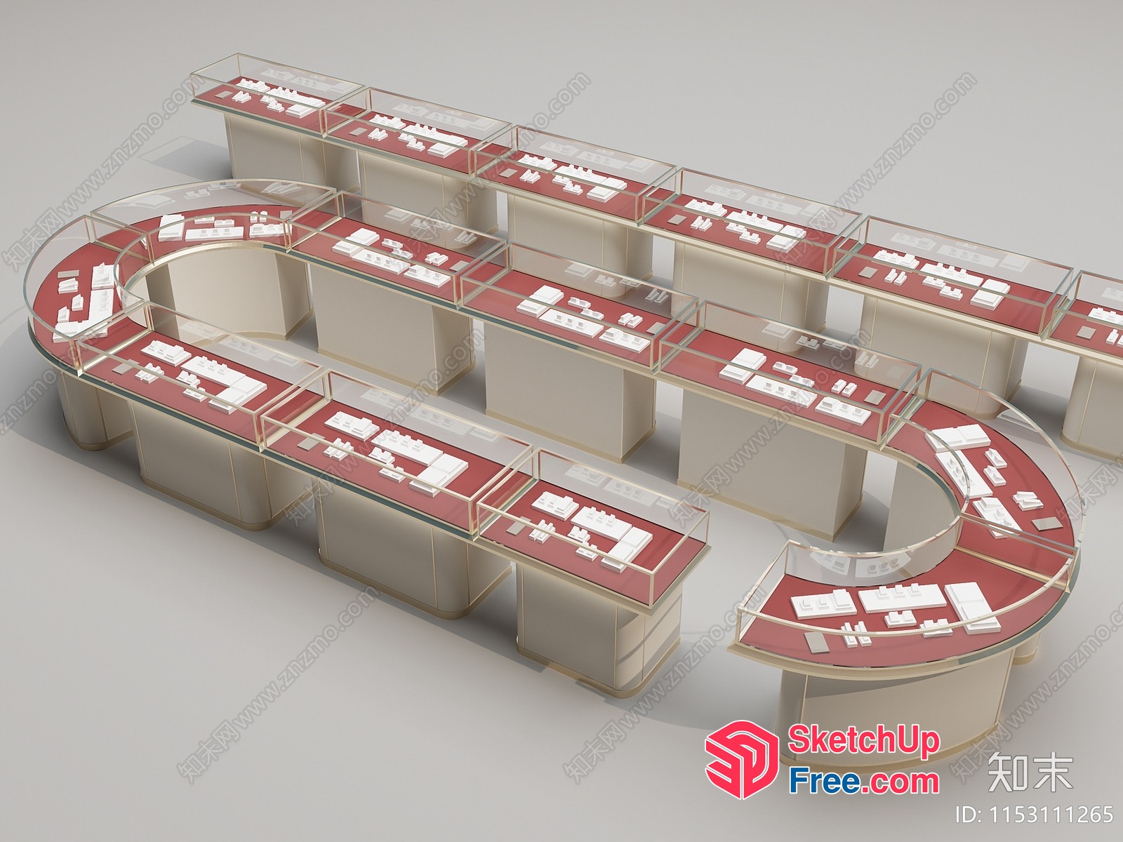 Curved Display Cases With Glass Tops And Red Shelves 3D SketchUp File