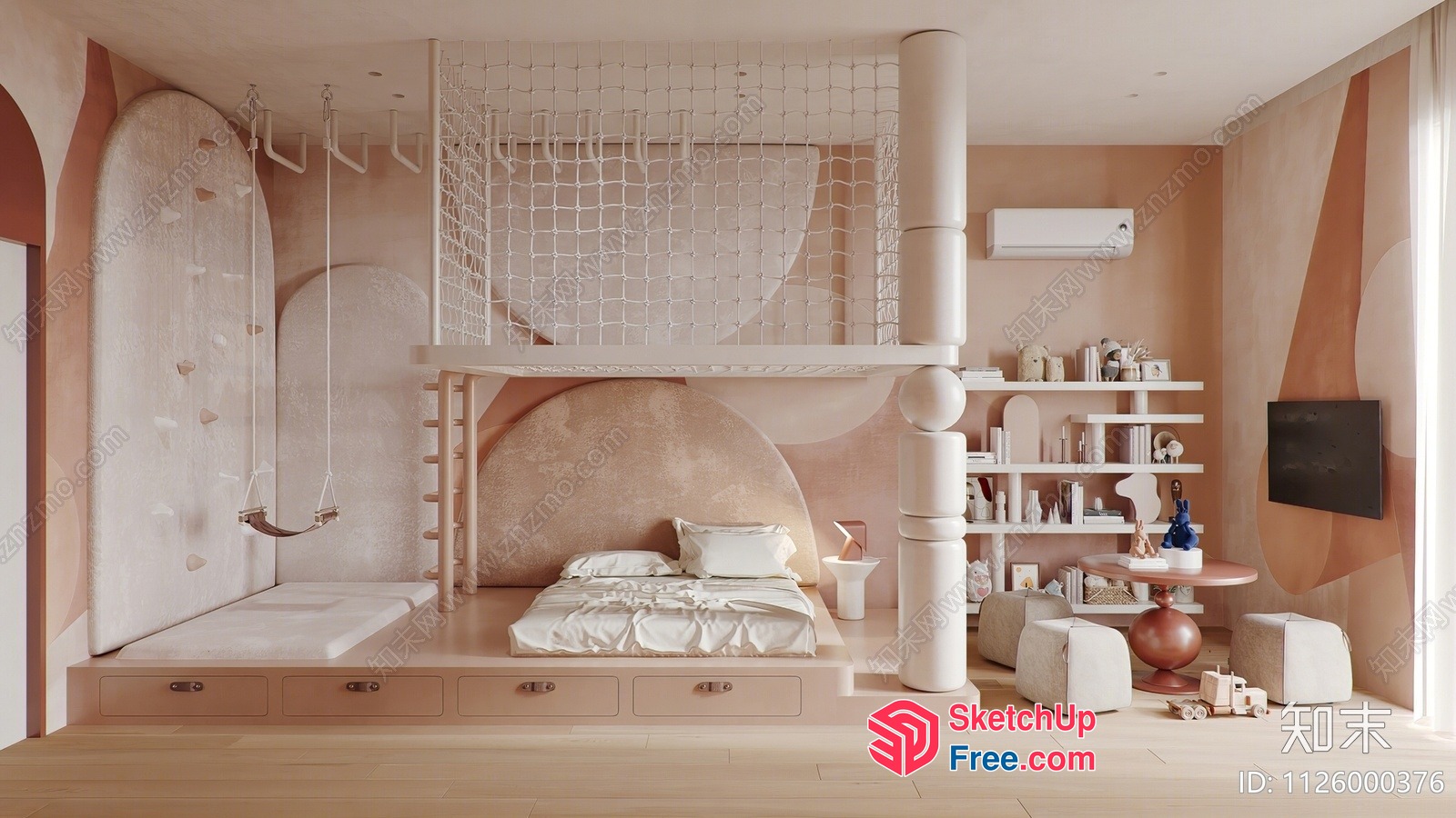Dreamy Soft Pink Bedroom With Unique Pillar And Bed 3D SketchUp File