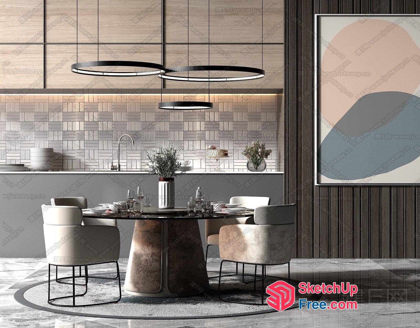 Modern Minimalist Dining Room With Circular Table And Chairs 3D SketchUp File
