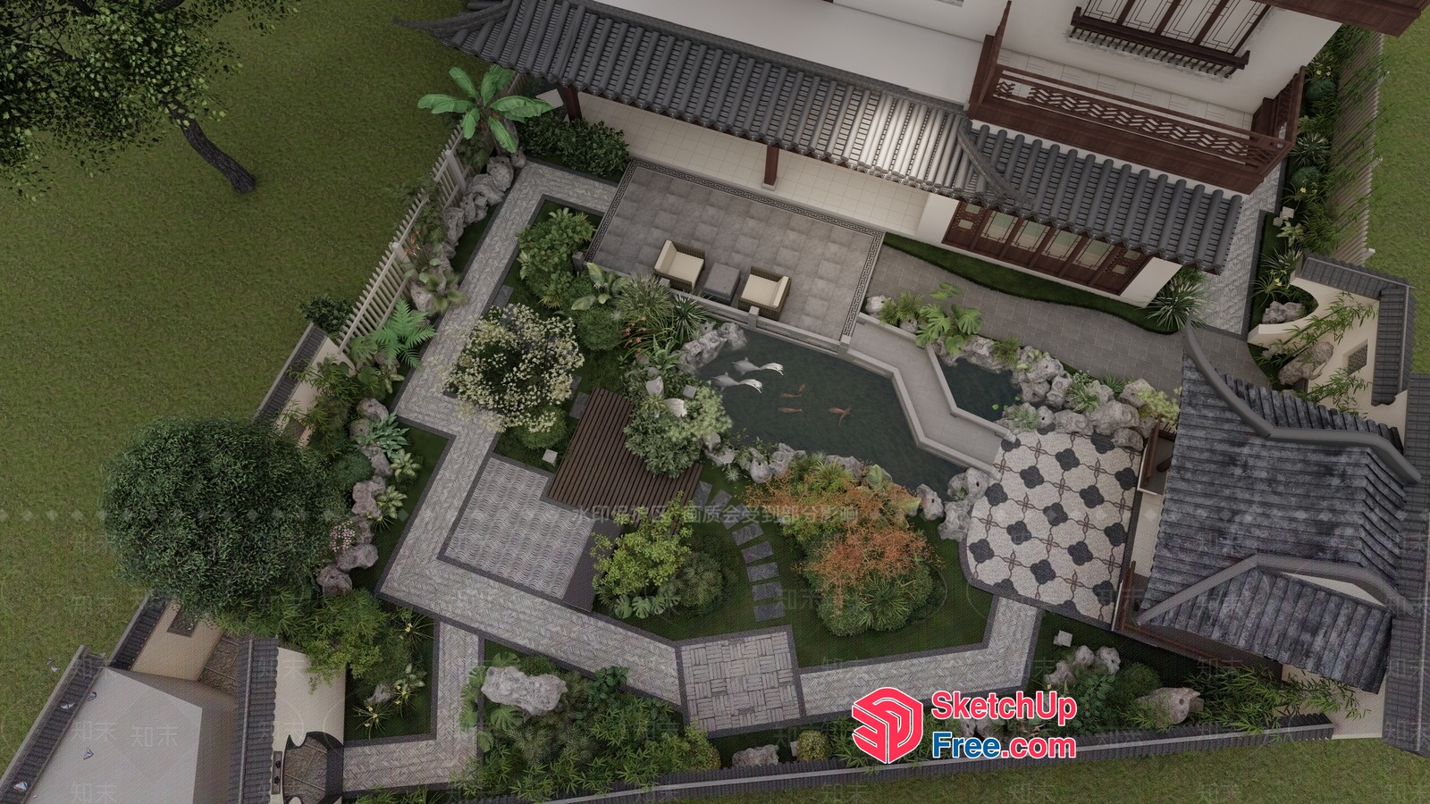 Traditional Chinese Garden With Koi Pond And Waterfall 3D SketchUp File
