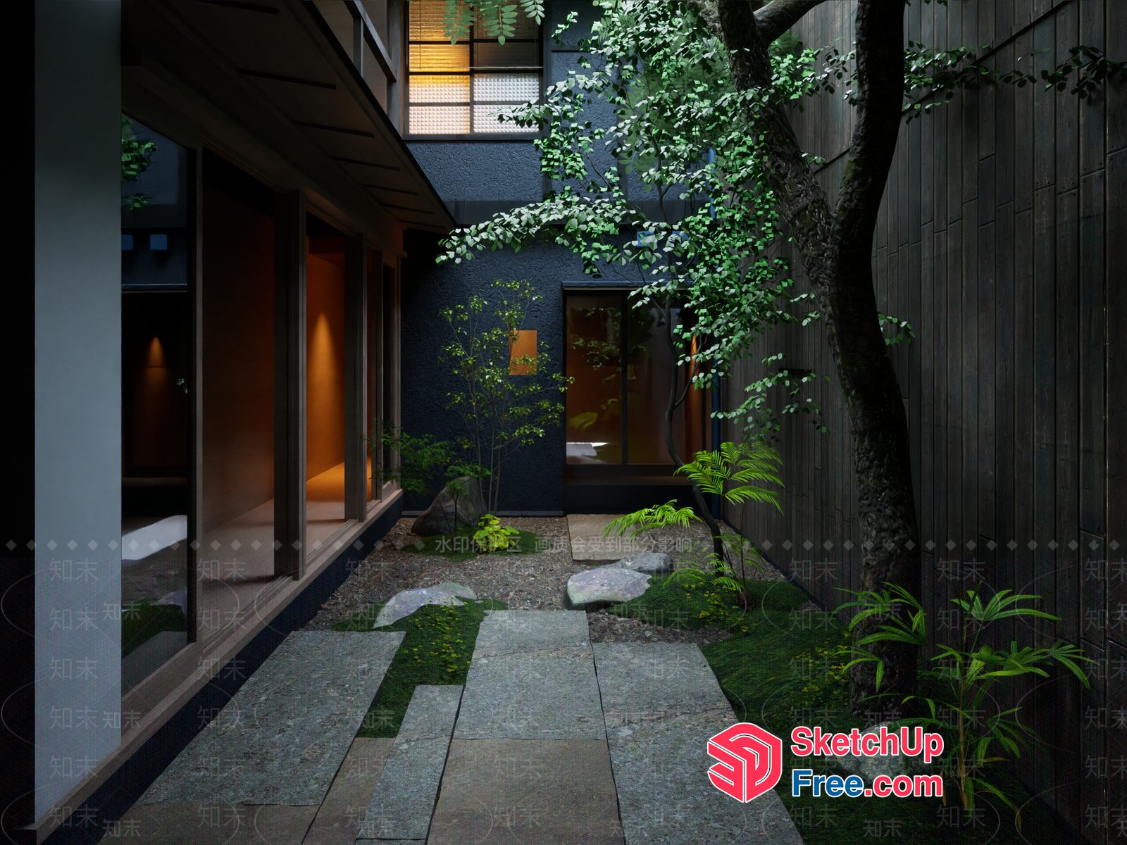 Modern Japanese-Style Garden With Natural Stone Pathway 3D SketchUp File