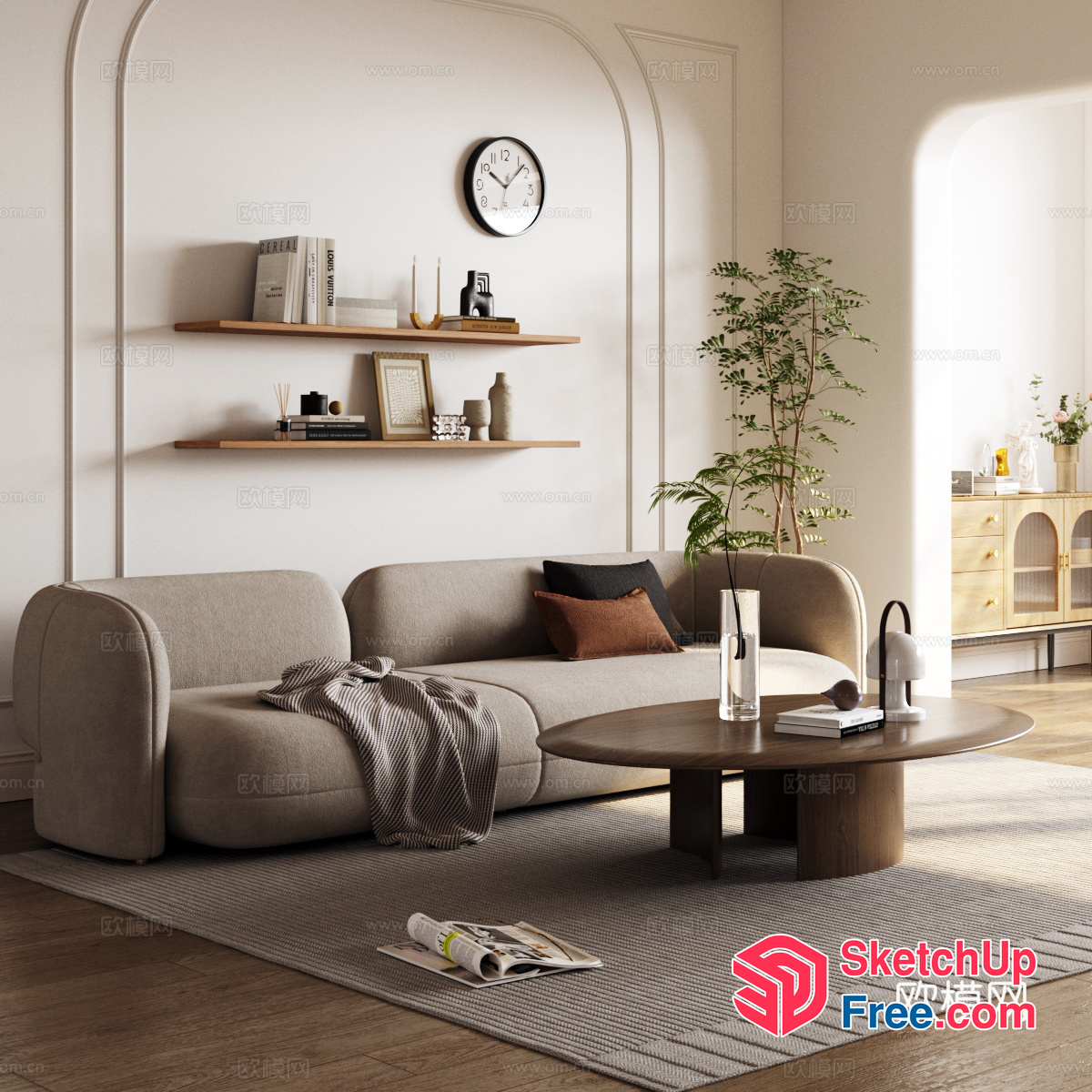 Modern Minimalist Living Room With Curved Sofa And Coffee Table 3D SketchUp File