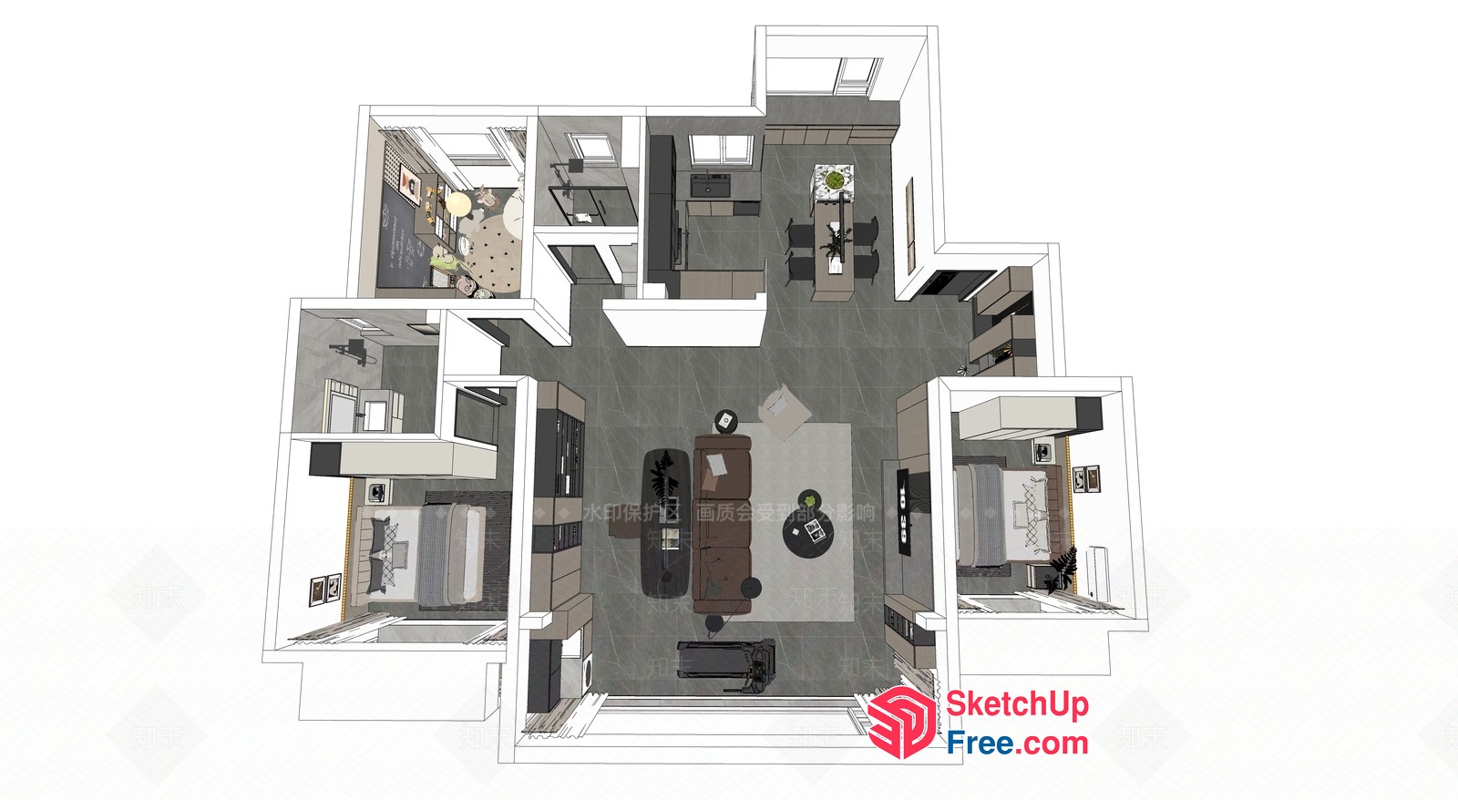 Modern Apartment Plan With Living Room And Kitchen 3D SketchUp File