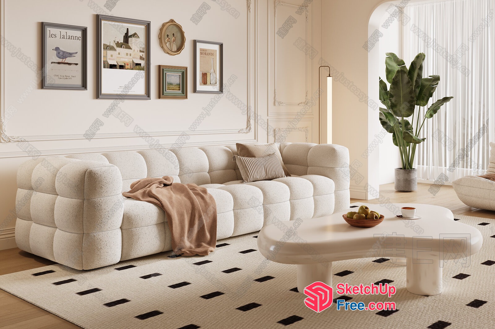 Elegant Creamy Style Living Room With Pillar And Coffee Table 3D SketchUp File