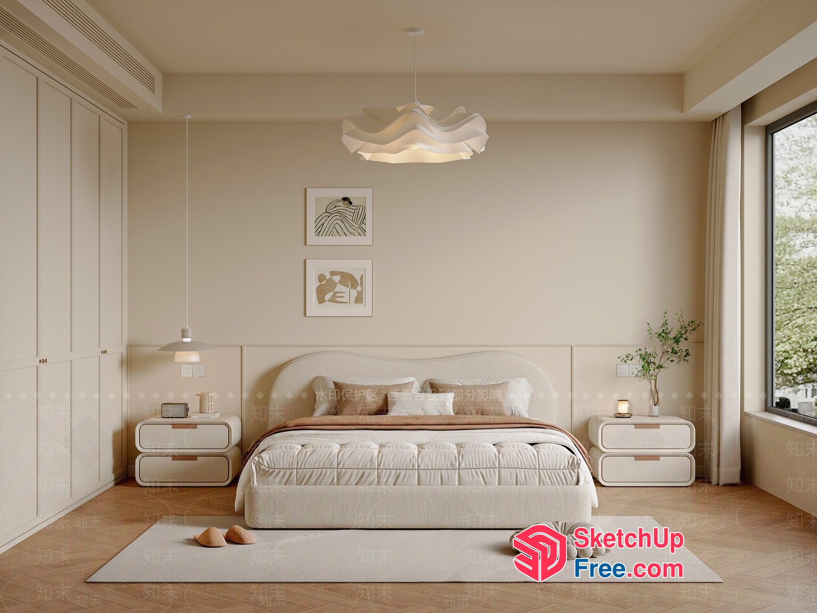 Elegant Creamy Style Modern Bedroom Interior 3D SketchUp File