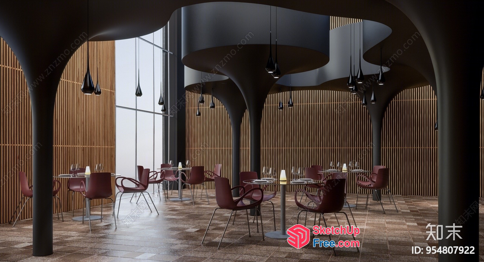 Modern Restaurant Interior With Unique Pillar Design And Elegant Lighting 3D SketchUp File