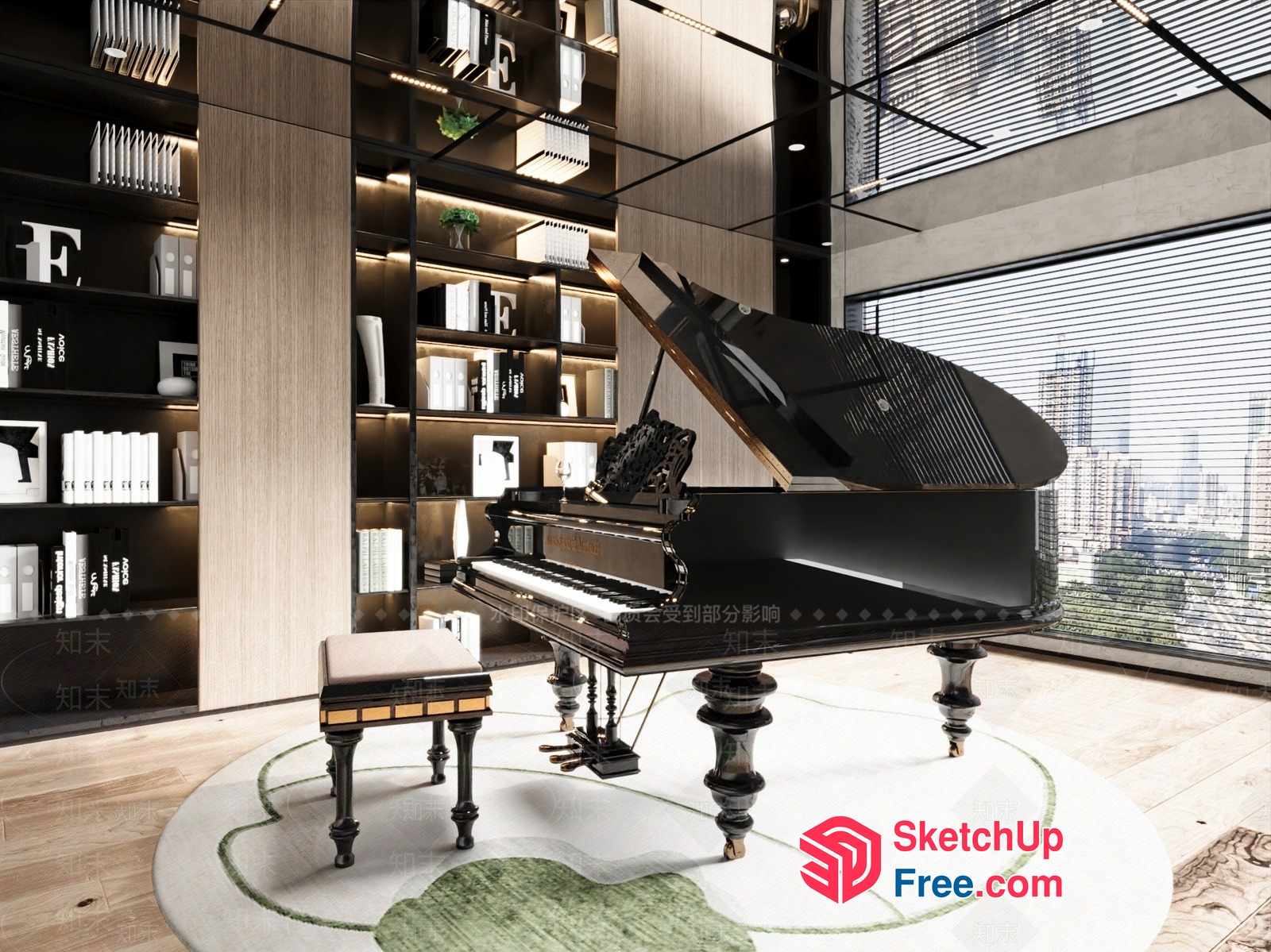 Elegant Piano Room With City View 3D SketchUp File