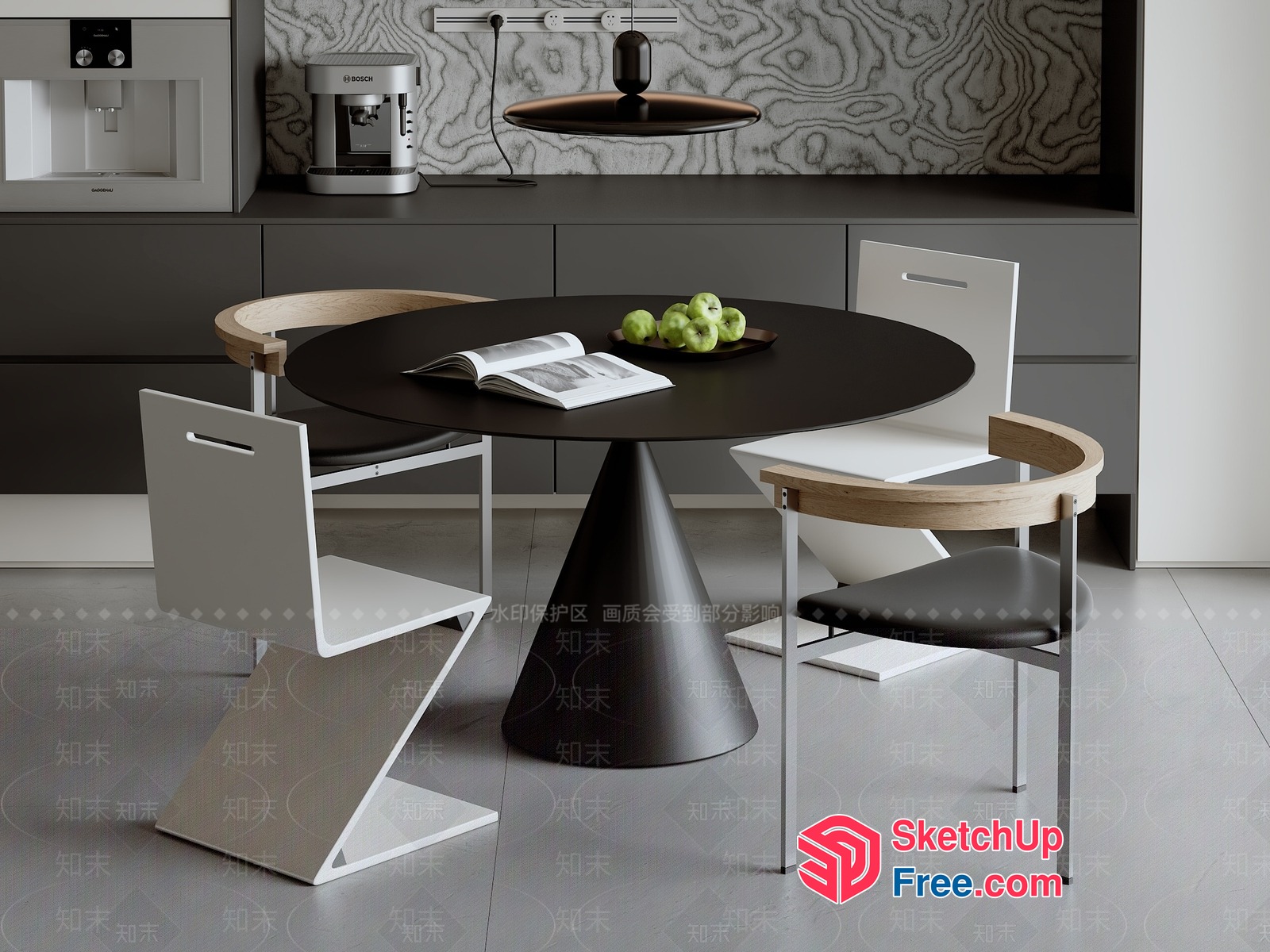 Modern Minimalist Dining Room With Black Table And White Chairs 3D SketchUp File