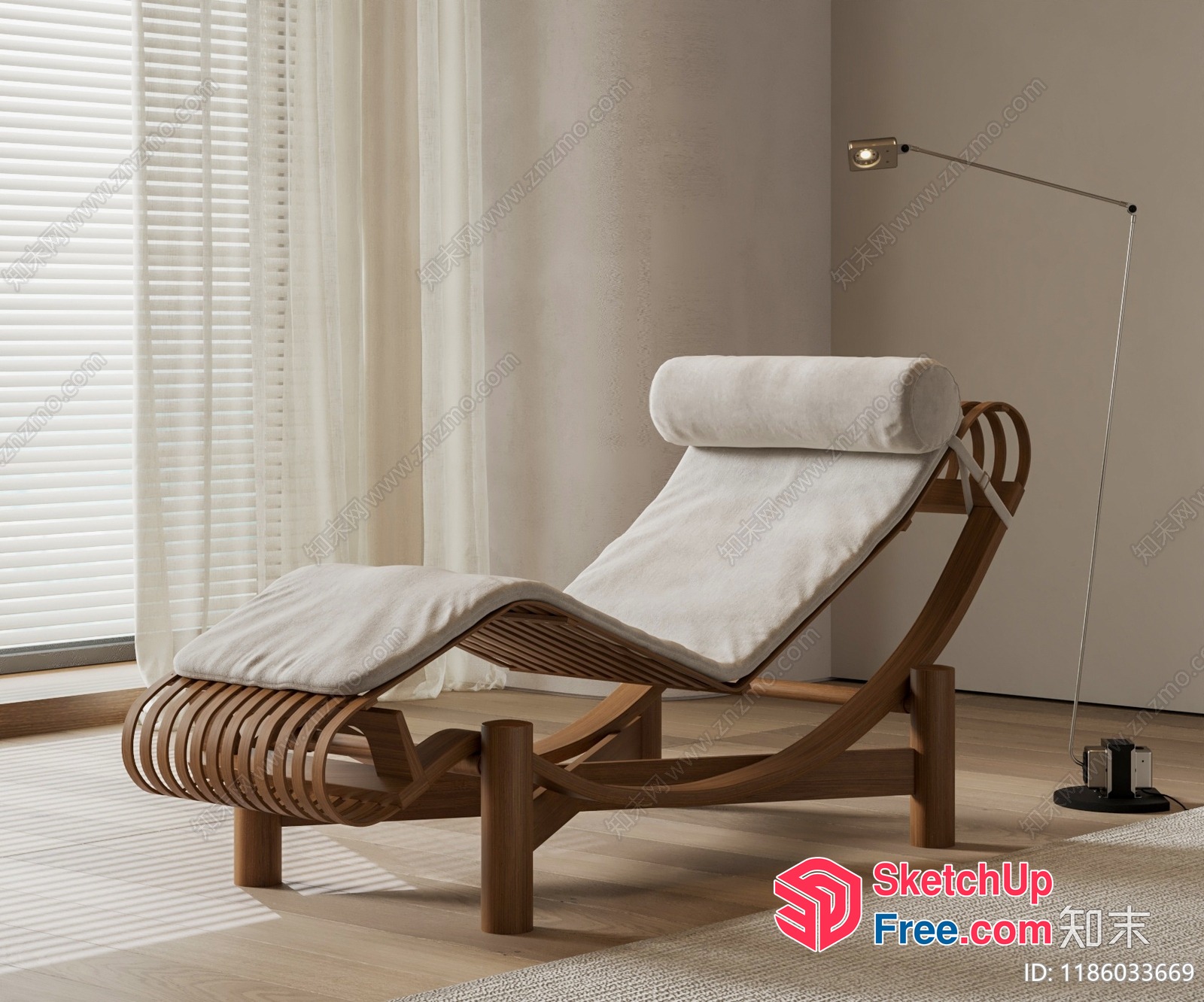 Modern Wooden Lounger With Cushion And Pillow 3D SketchUp File