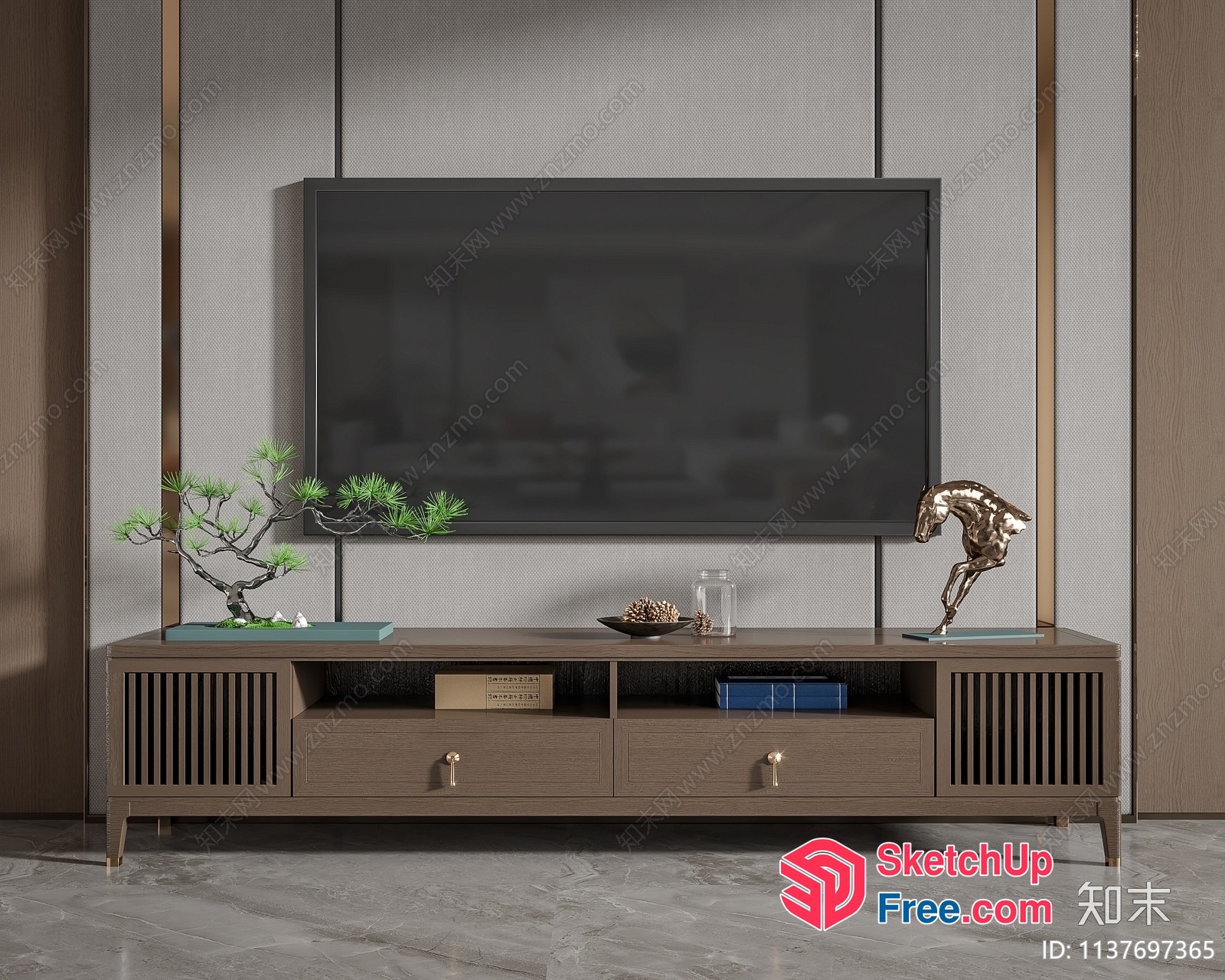 Modern Tv Stand With Ornate Decor And Marble Floor 3D SketchUp File