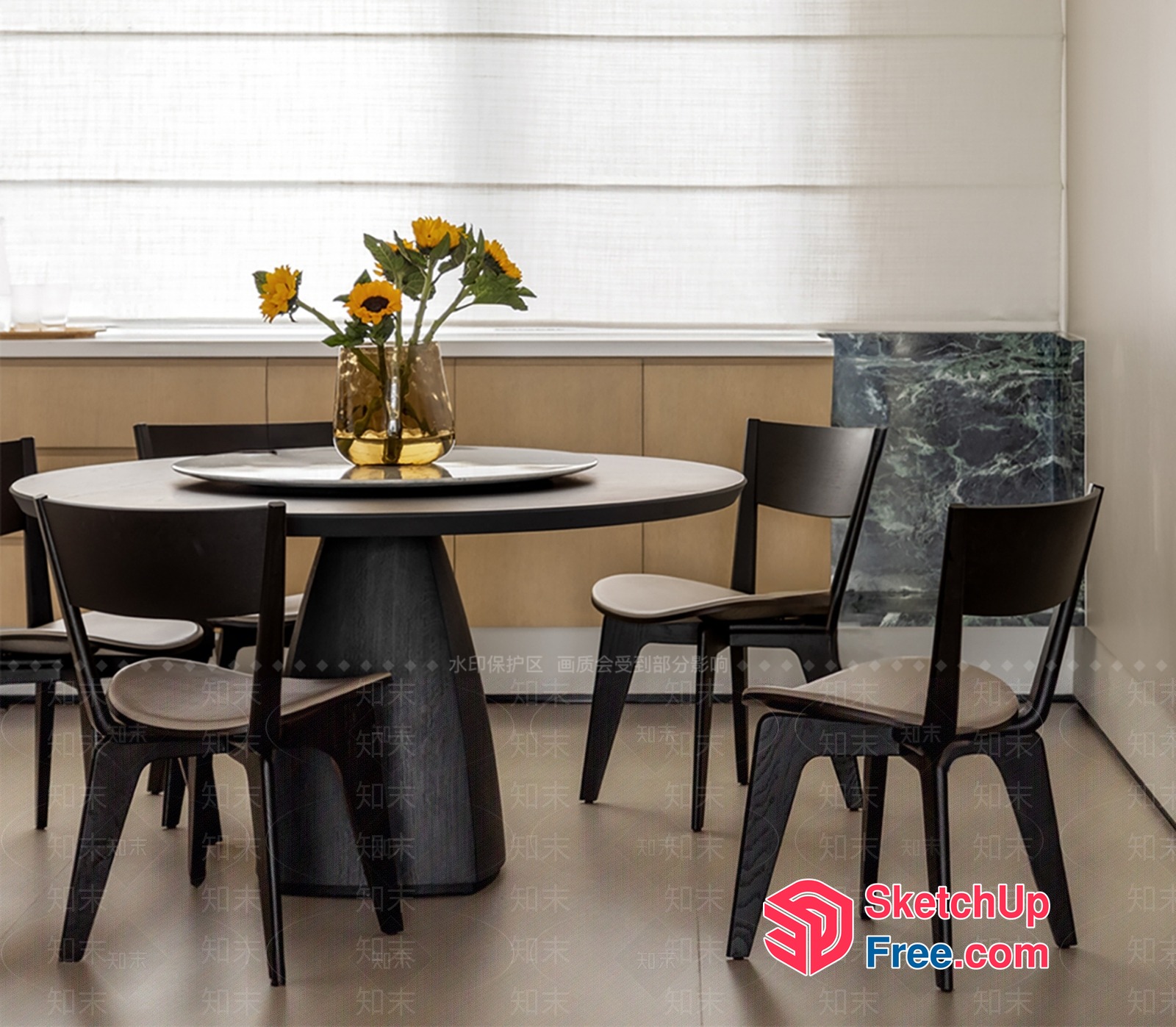 Round Table With Black Chairs And Sunflower Vase 3D SketchUp File
