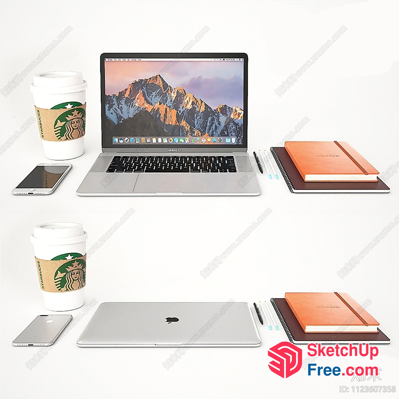 Silver Macbook Pro With Starbucks Coffee And Accessories 3D SketchUp File