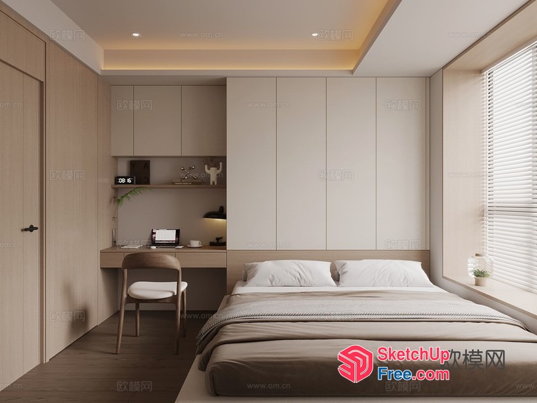 Modern Minimalist Bedroom With Natural Wood Accents 3D SketchUp File