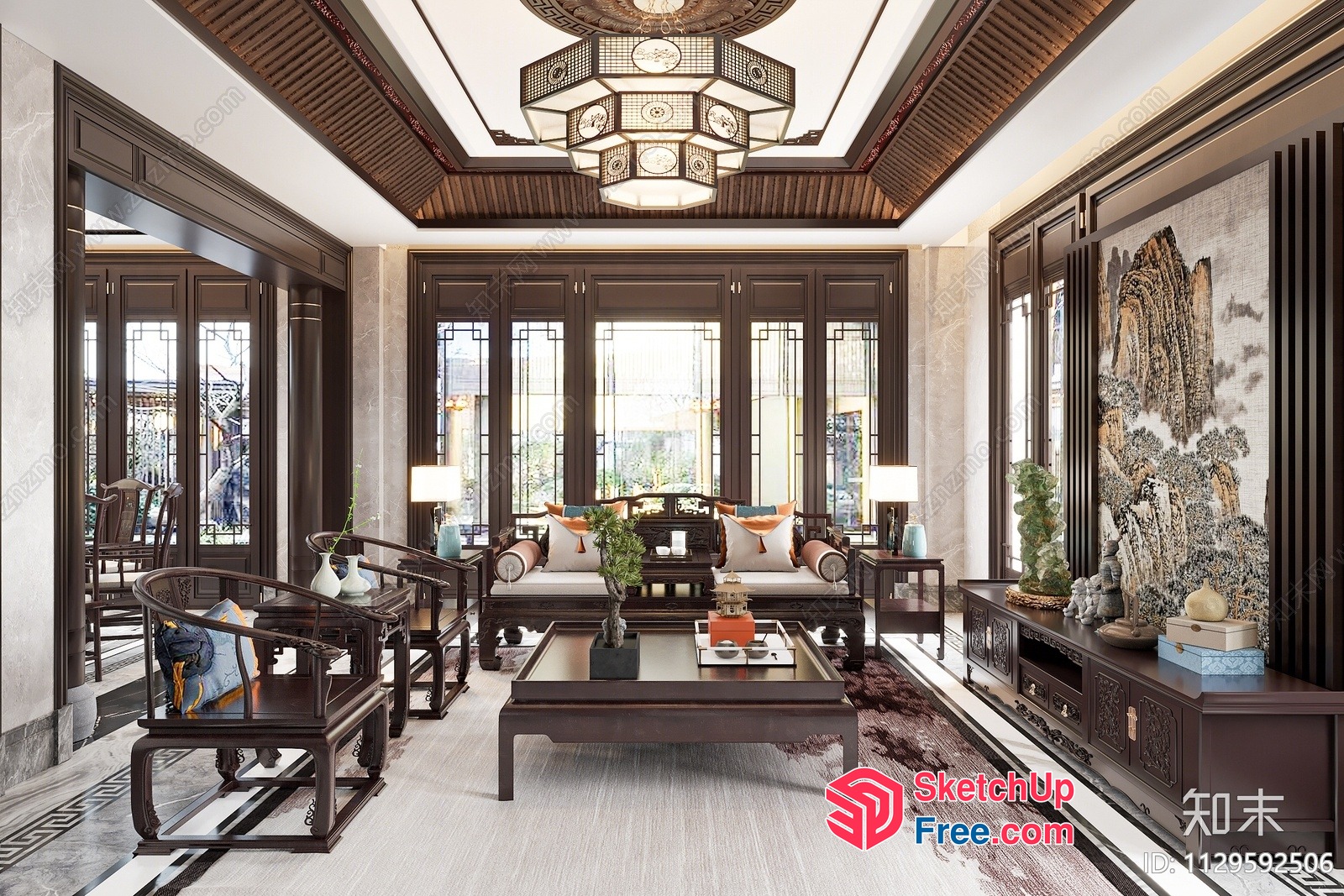 Elegant Asian-Inspired Living Room With Traditional Furniture And Decor 3D SketchUp File