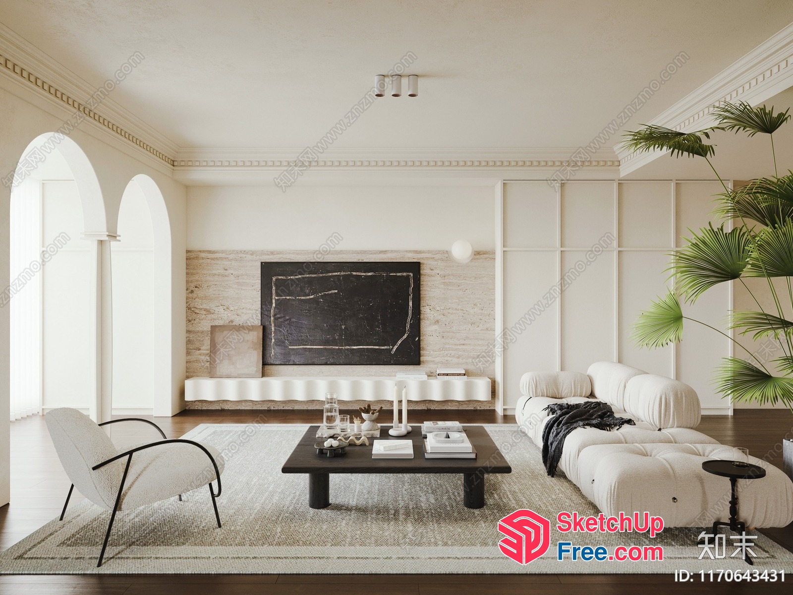 Modern Minimalist Living Room With White Furniture And Dark Wood Accents 3D SketchUp File
