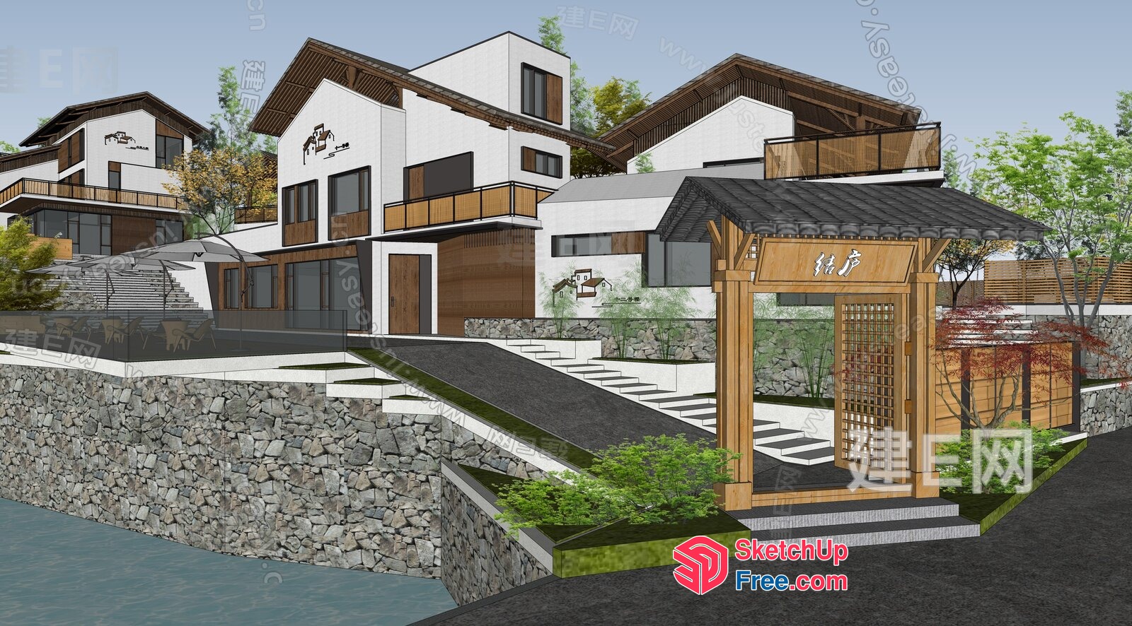 Modern Japanese-Style Villa Exterior With Stone Walls And Water 3D SketchUp File