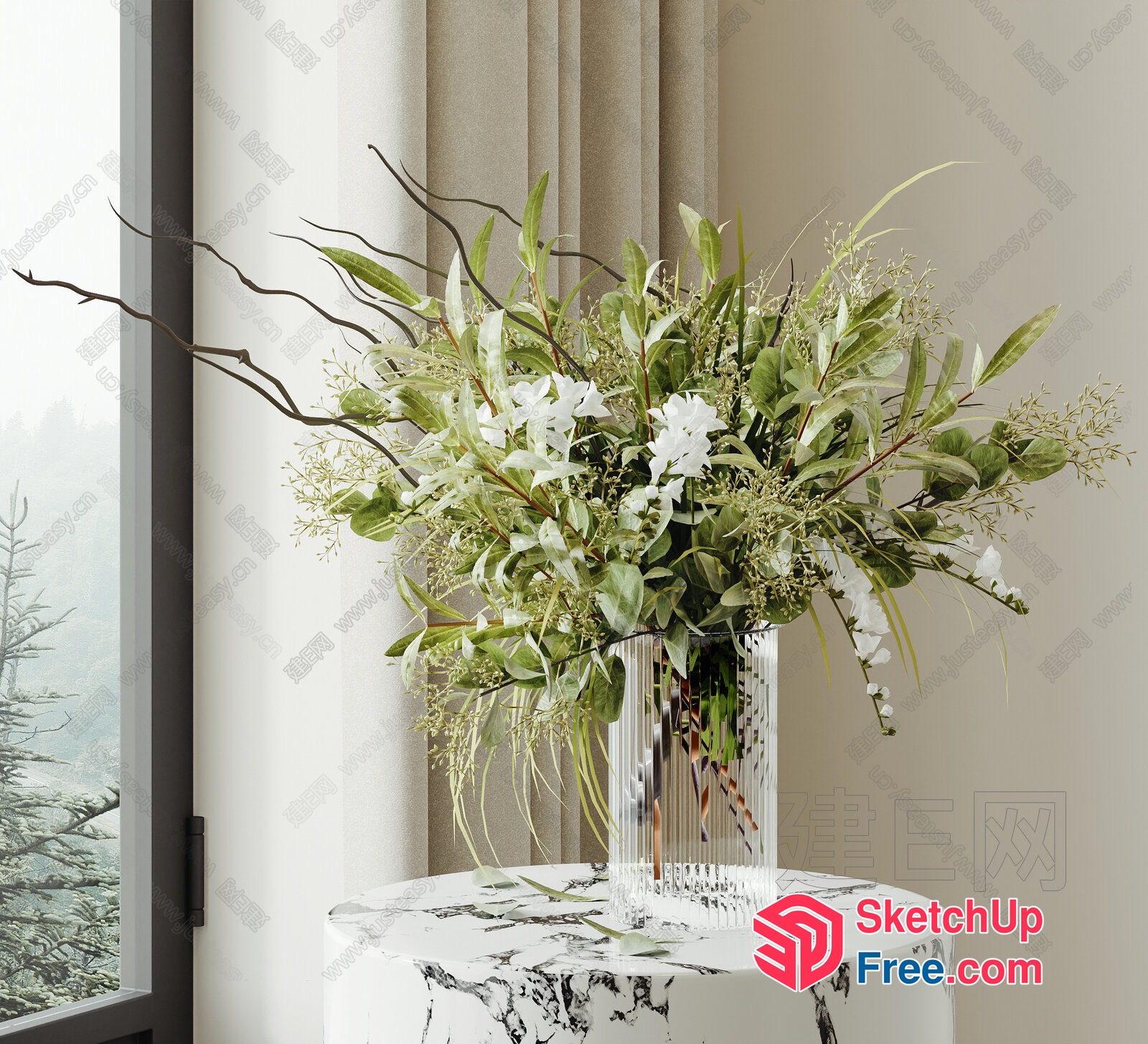 Elegant Floral Arrangement On Marble Side Table 3D SketchUp File