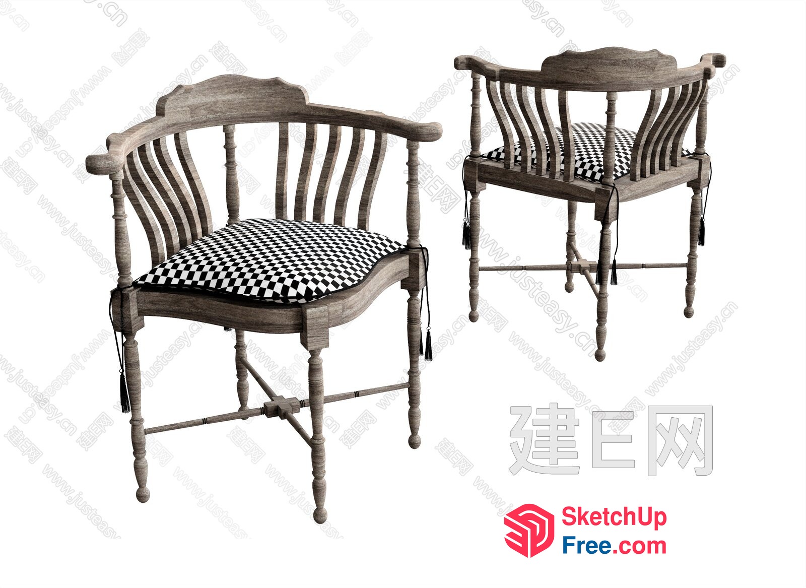 Vintage Wood Accent Chair With Cushion 3D SketchUp File