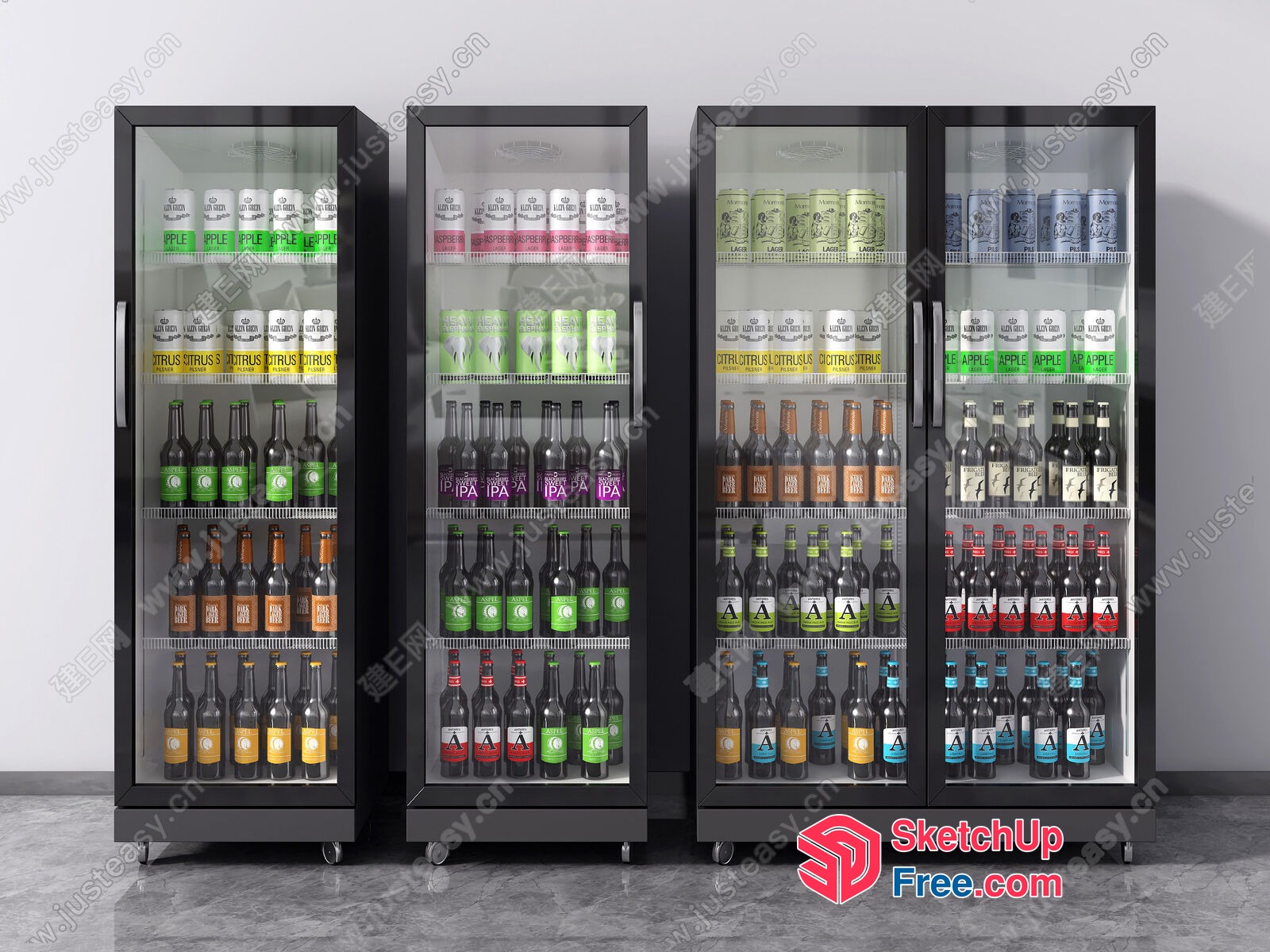 Modern Beverage Fridge With Glass Doors And Wheels 3D SketchUp File