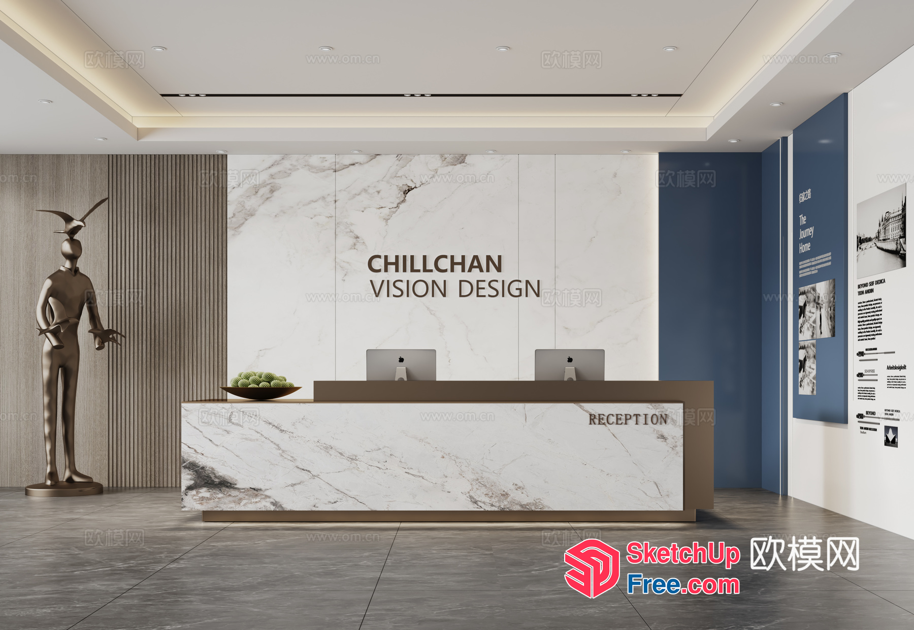 Reception Desk In Modern Office Building With Marble And Wood 3D SketchUp File