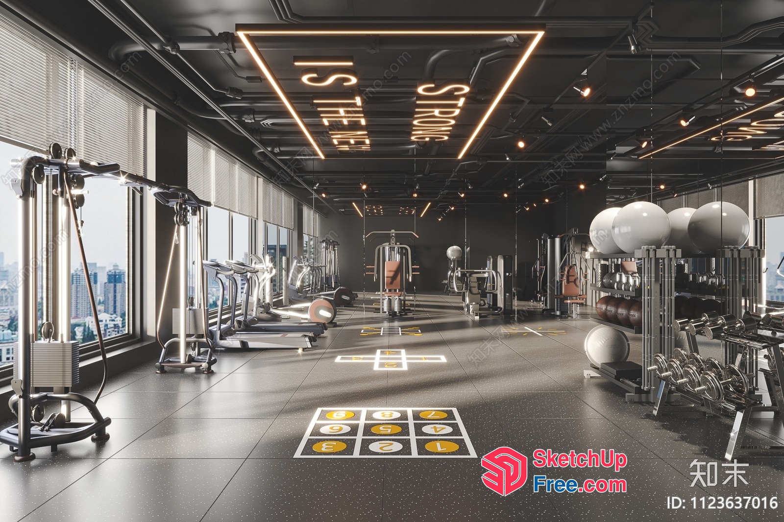 Modern Gym Interior With City View 3D SketchUp File
