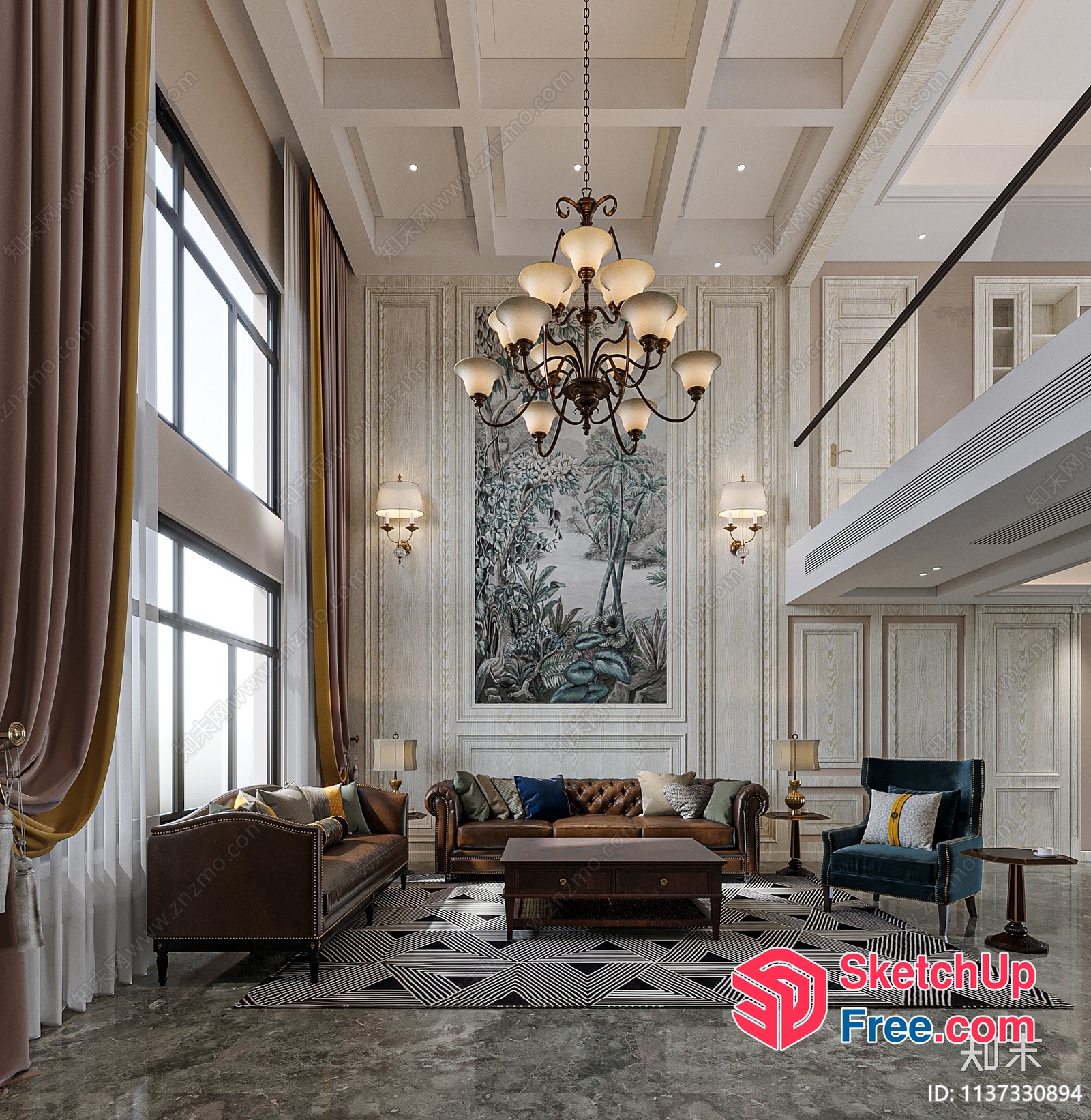 Luxurious Modern Living Room With High Ceiling And Chandelier 3D SketchUp File