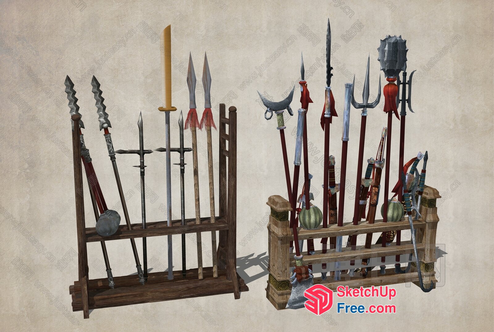 Medieval Weapon Collection On Wooden Stands 3D SketchUp File