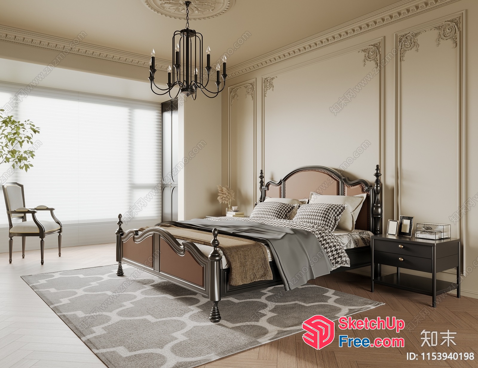 Elegant Classic Bedroom Interior With Ornate Bed Frame 3D SketchUp File