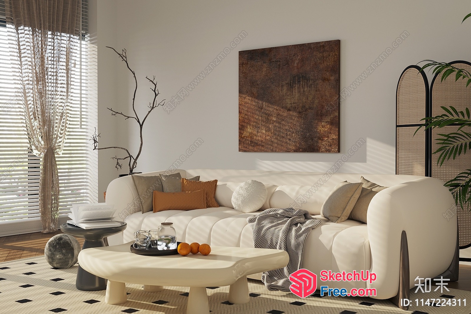Elegant And Modern Living Room With Creamy Style Furniture 3D SketchUp File