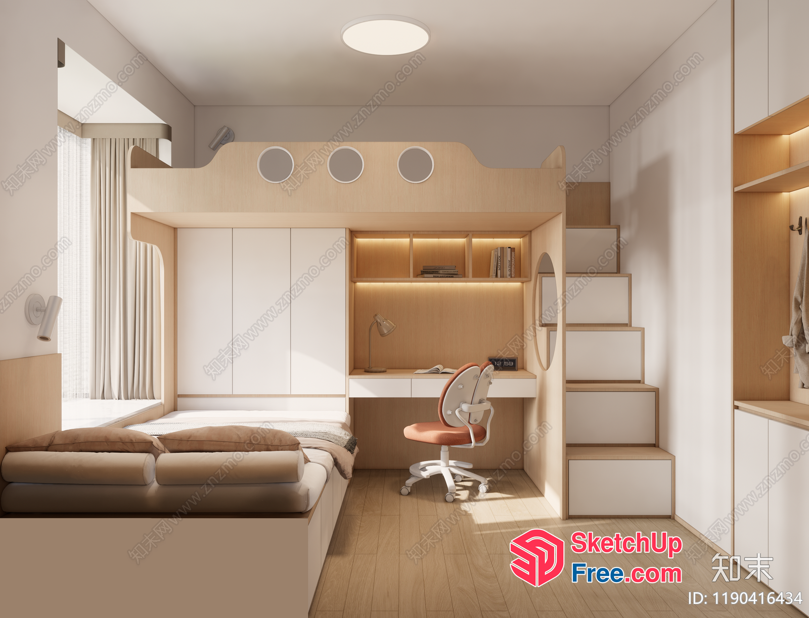 Modern Minimalist Children'S Bedroom With Built-In Furniture 3D SketchUp File