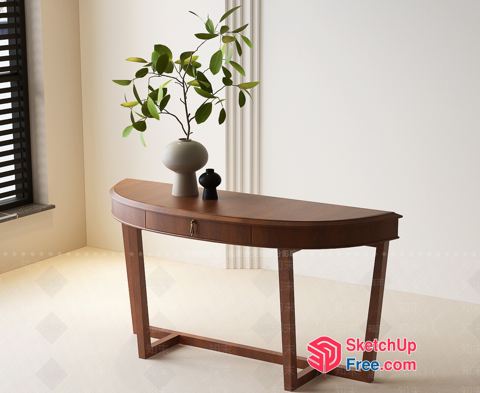 Elegant Wooden Console Table With Drawer And Plant Decor 3D SketchUp File