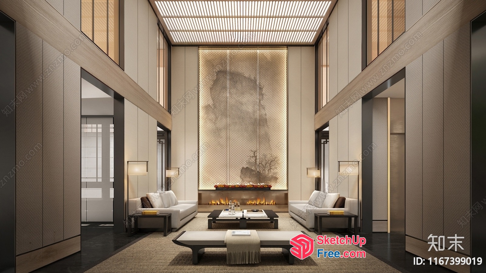 Luxurious High-Ceiling Living Room With Fireplace And Pillars 3D SketchUp File