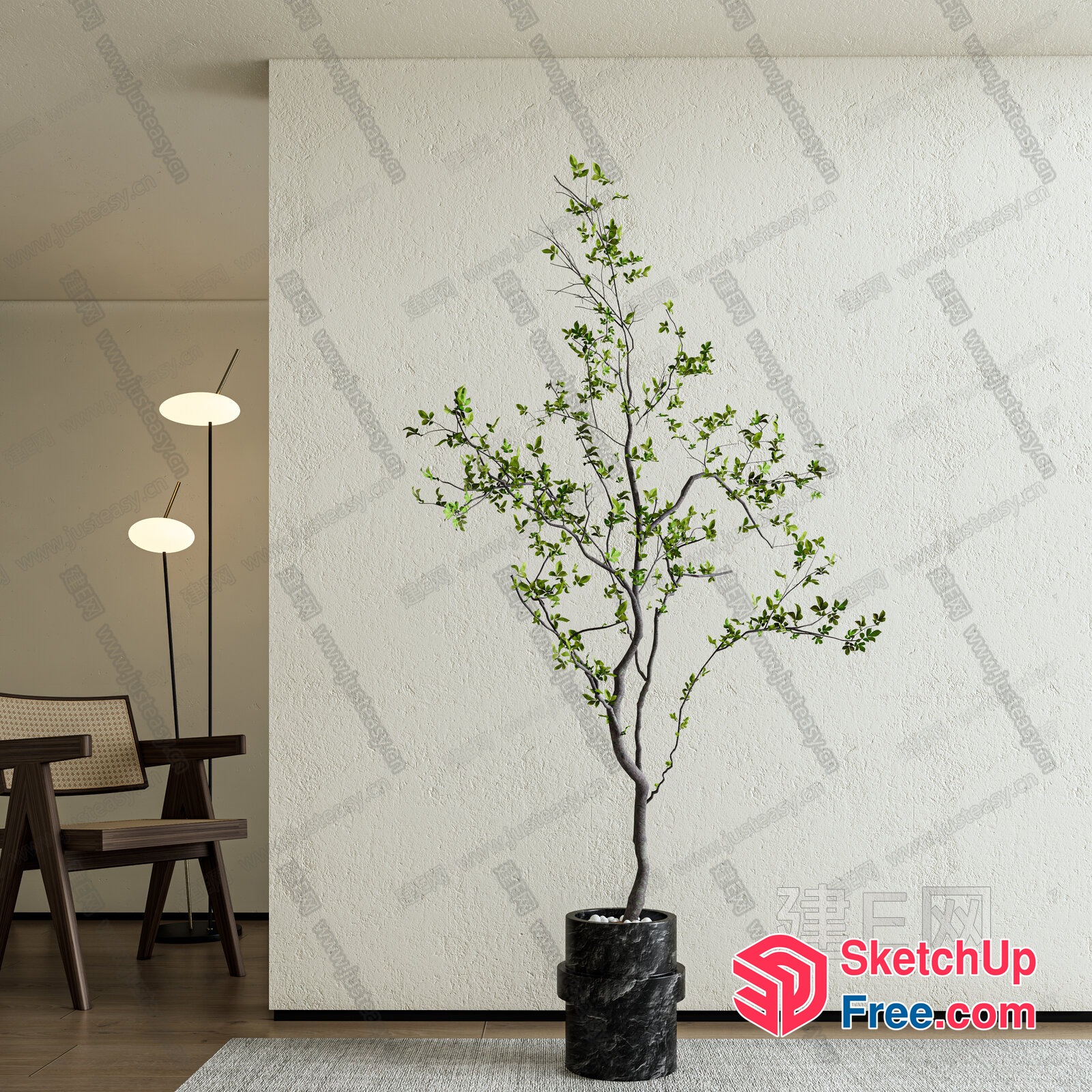 Simple Modern Interior With Potted Tree And Floor Lamp 3D SketchUp File