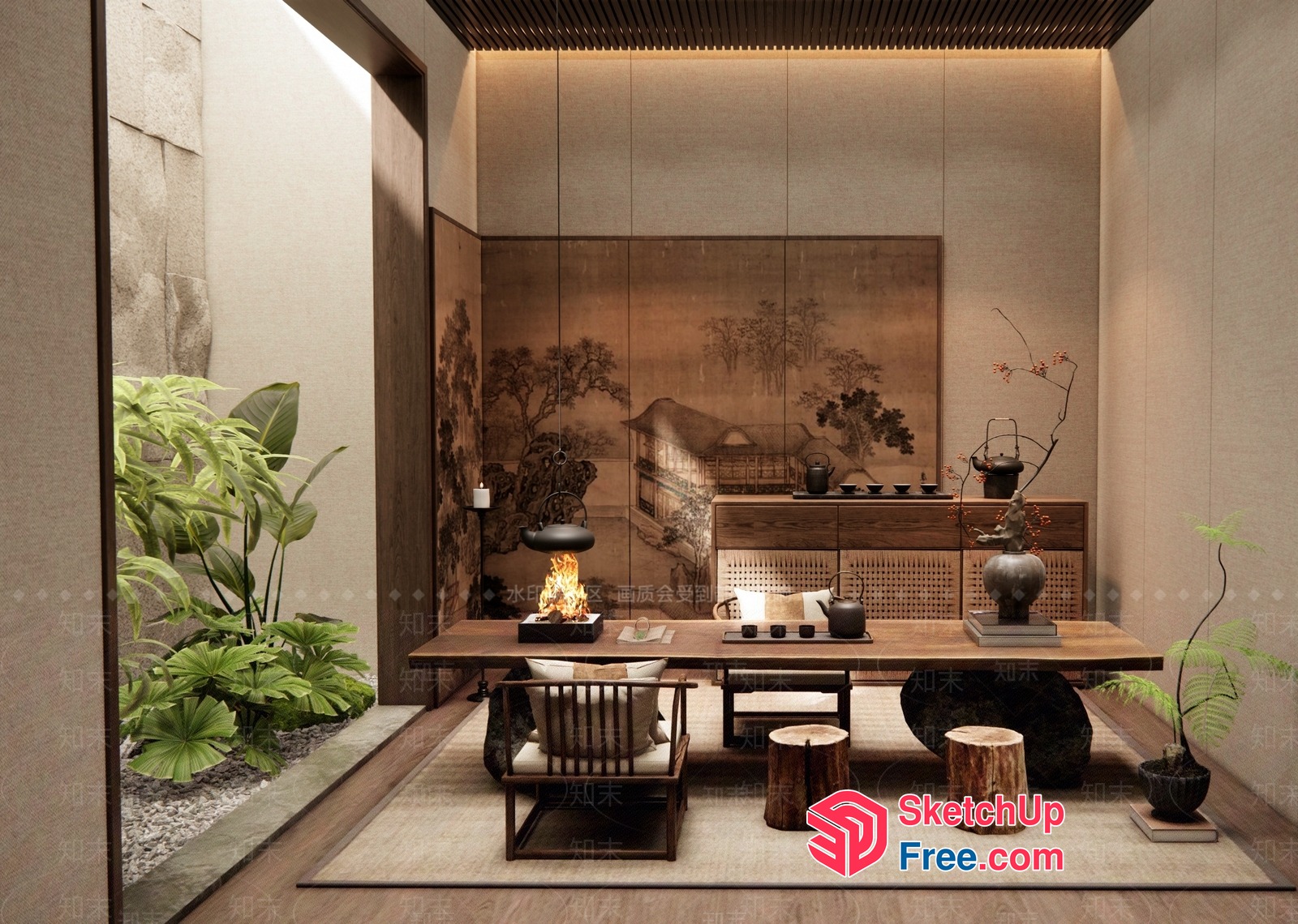 Asian-Inspired Living Room With Traditional Decor 3D SketchUp File