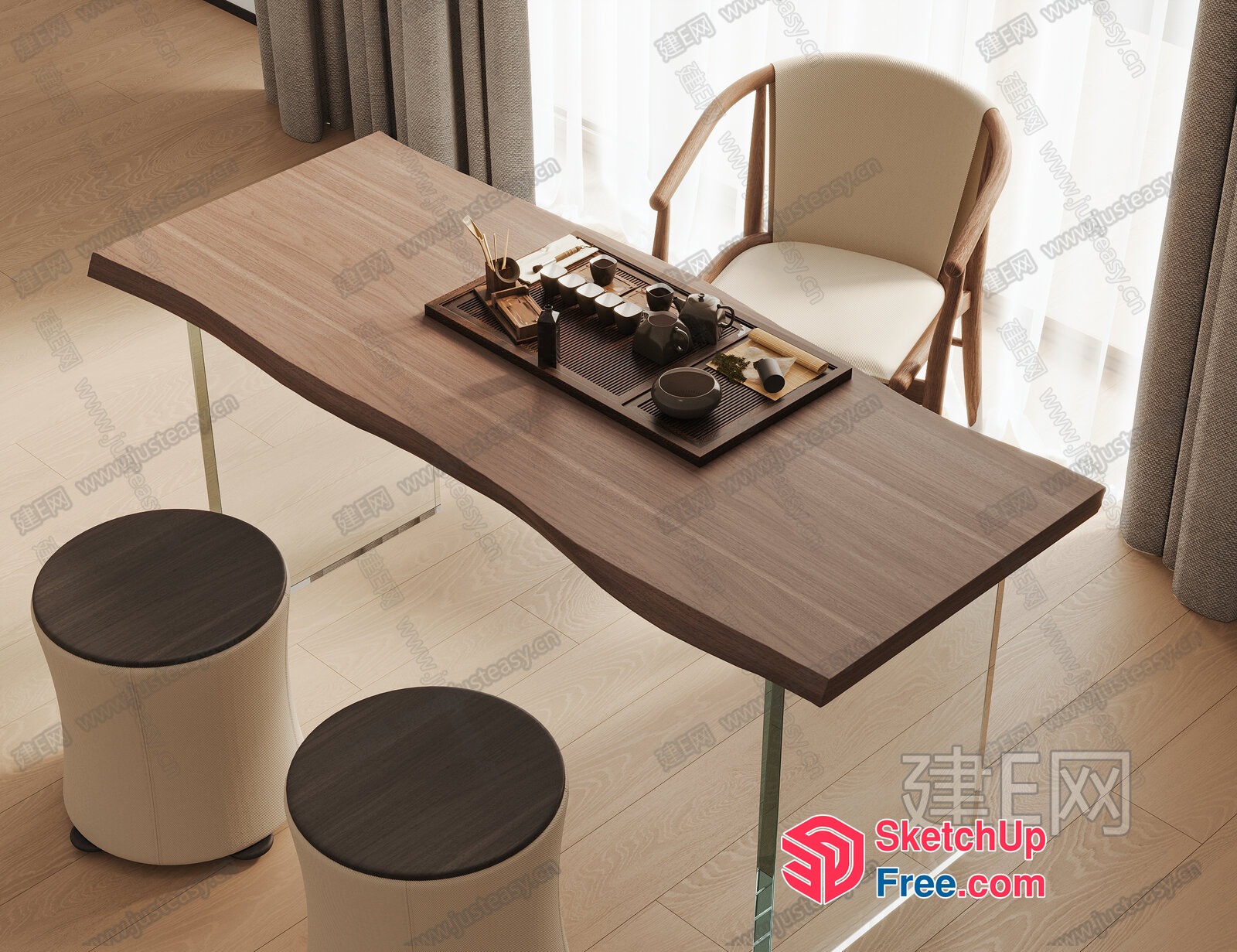 Wooden Table With Tea Set And Stools 3D SketchUp File