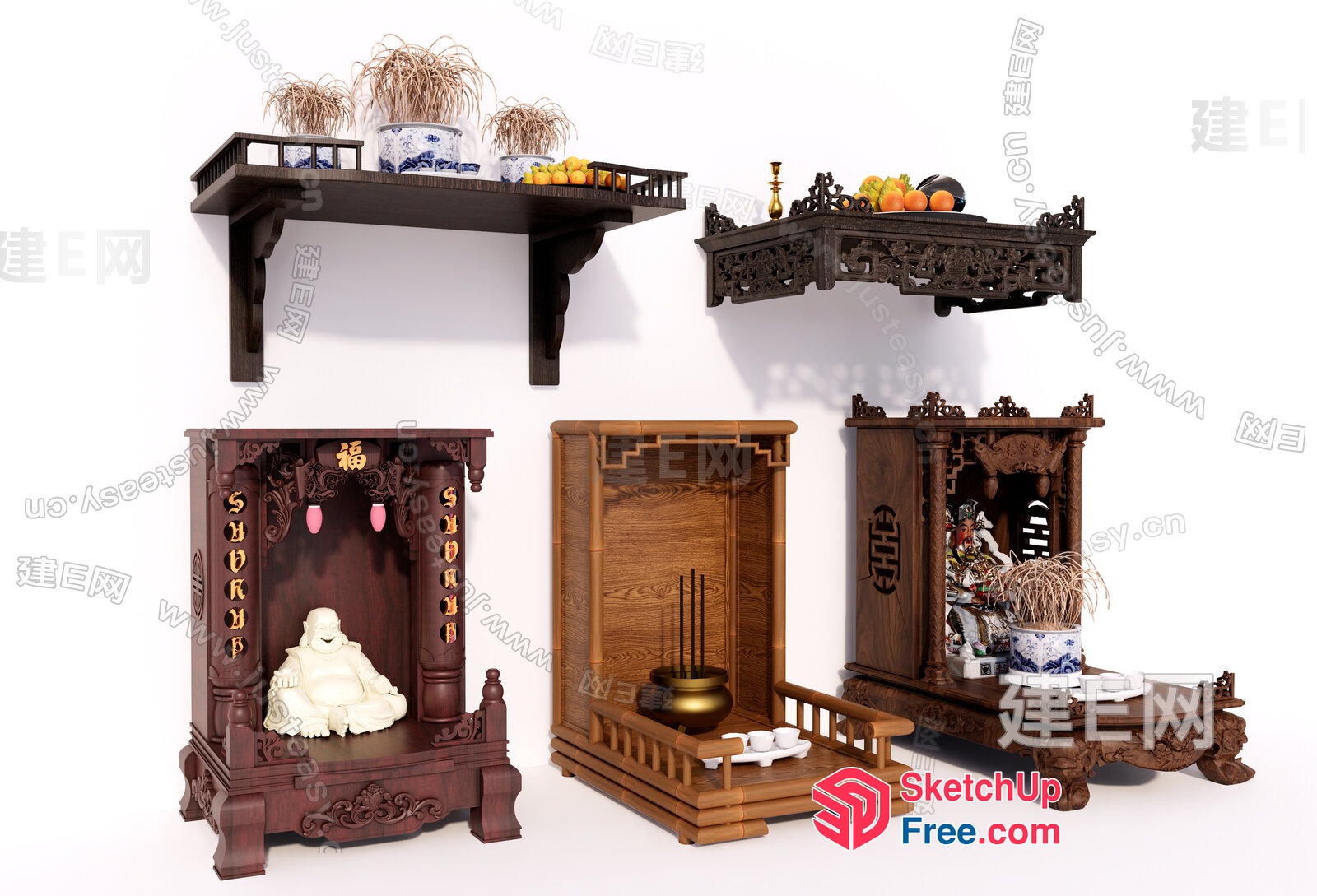 Asian-Inspired Decorative Shelves And Furniture 3D SketchUp File