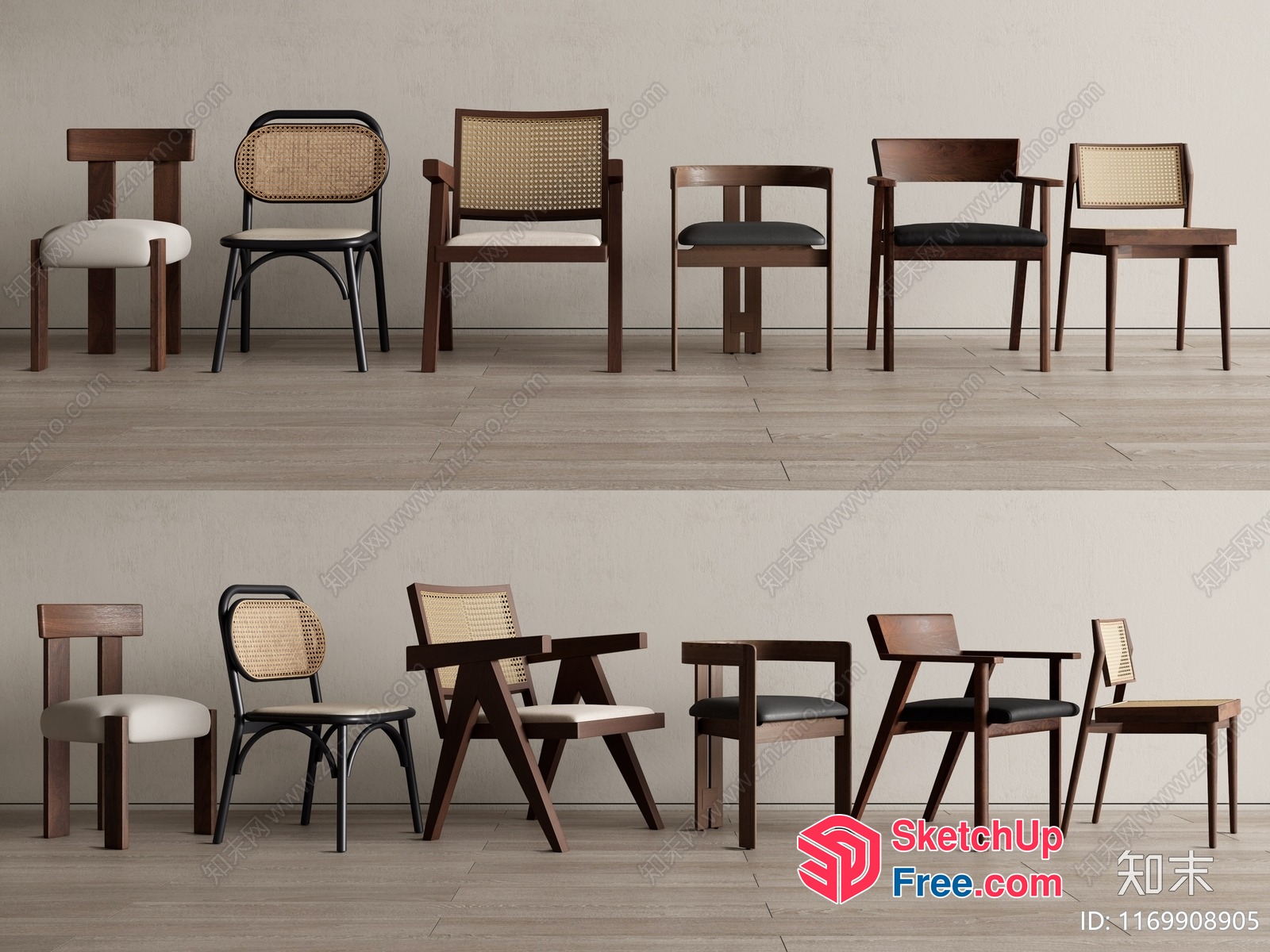 Modern Wooden Chairs With Natural Woven Details 3D SketchUp File