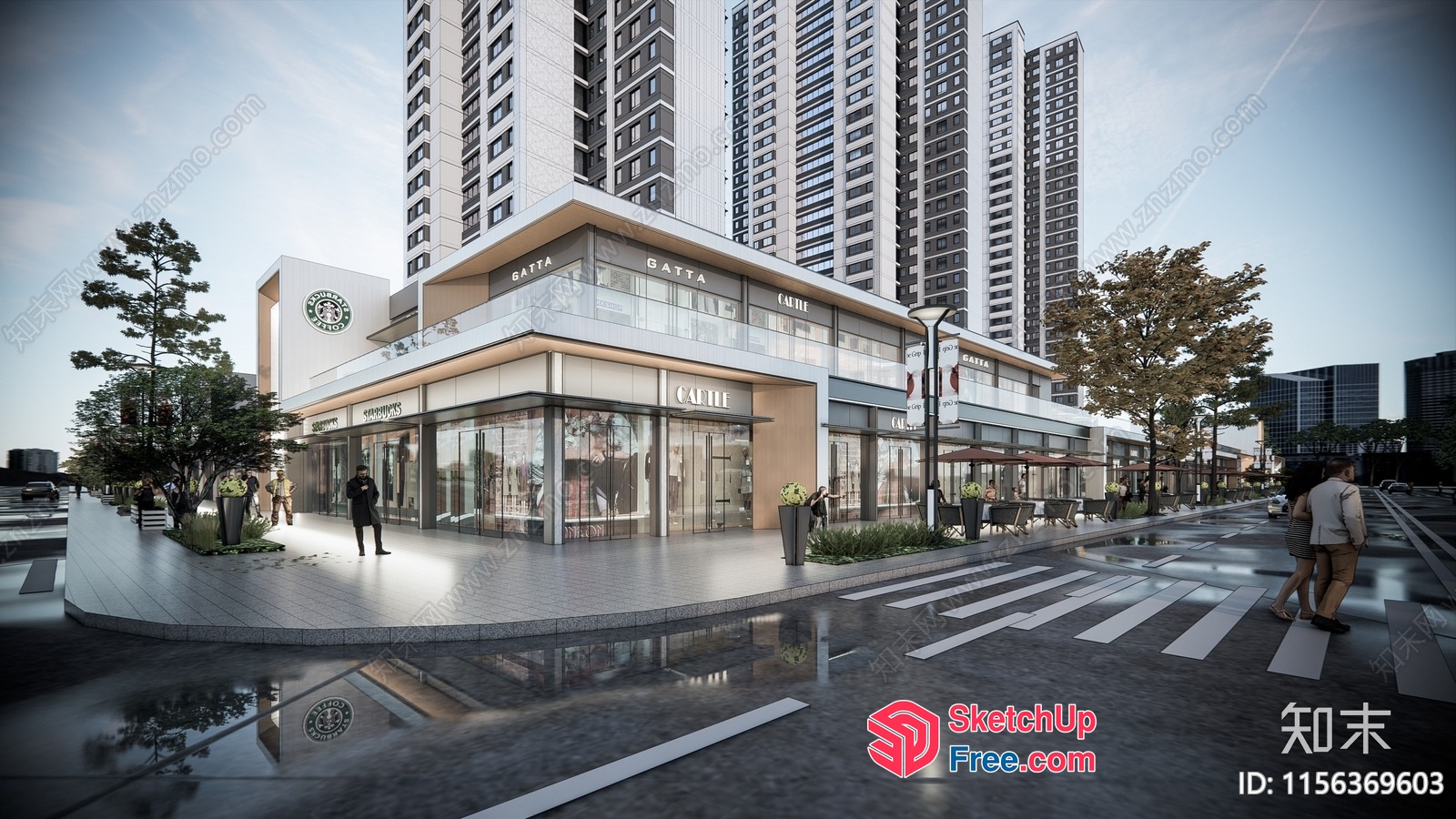 Modern Commercial Street With Tall Buildings And Crosswalk 3D SketchUp File