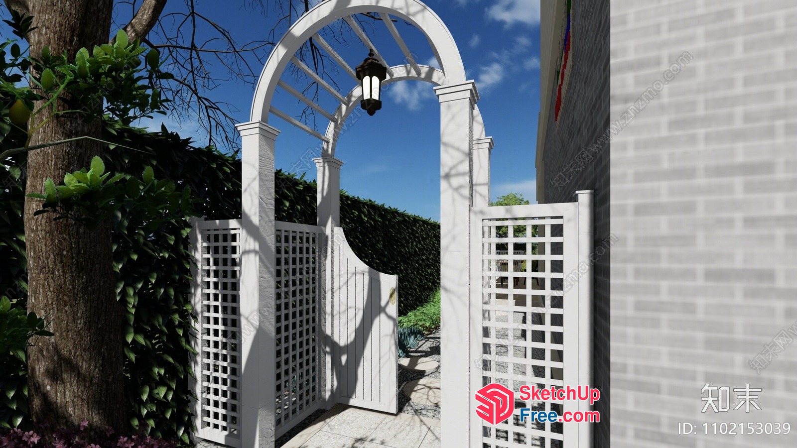 White Pergola Entrance With Lantern And Lattice 3D SketchUp File