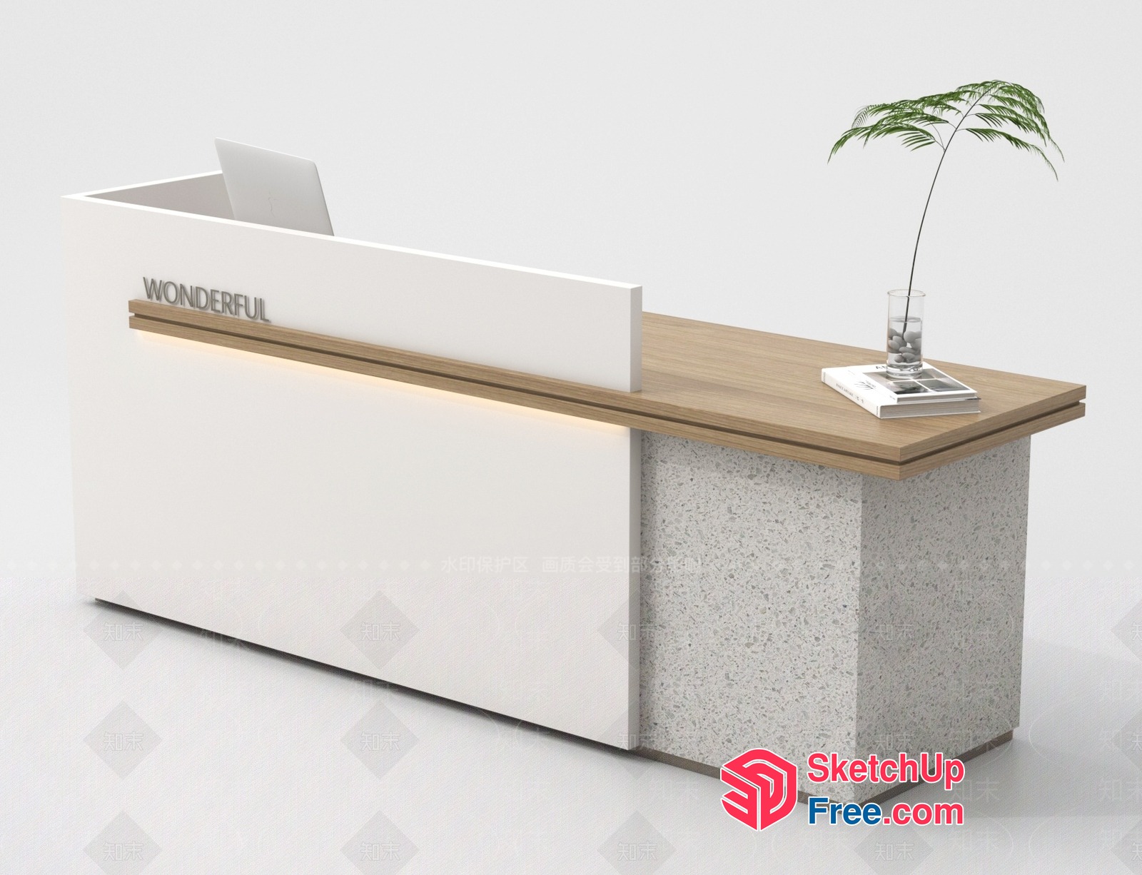 Modern Reception Desk With Natural Wood And Stone Accents 3D SketchUp File