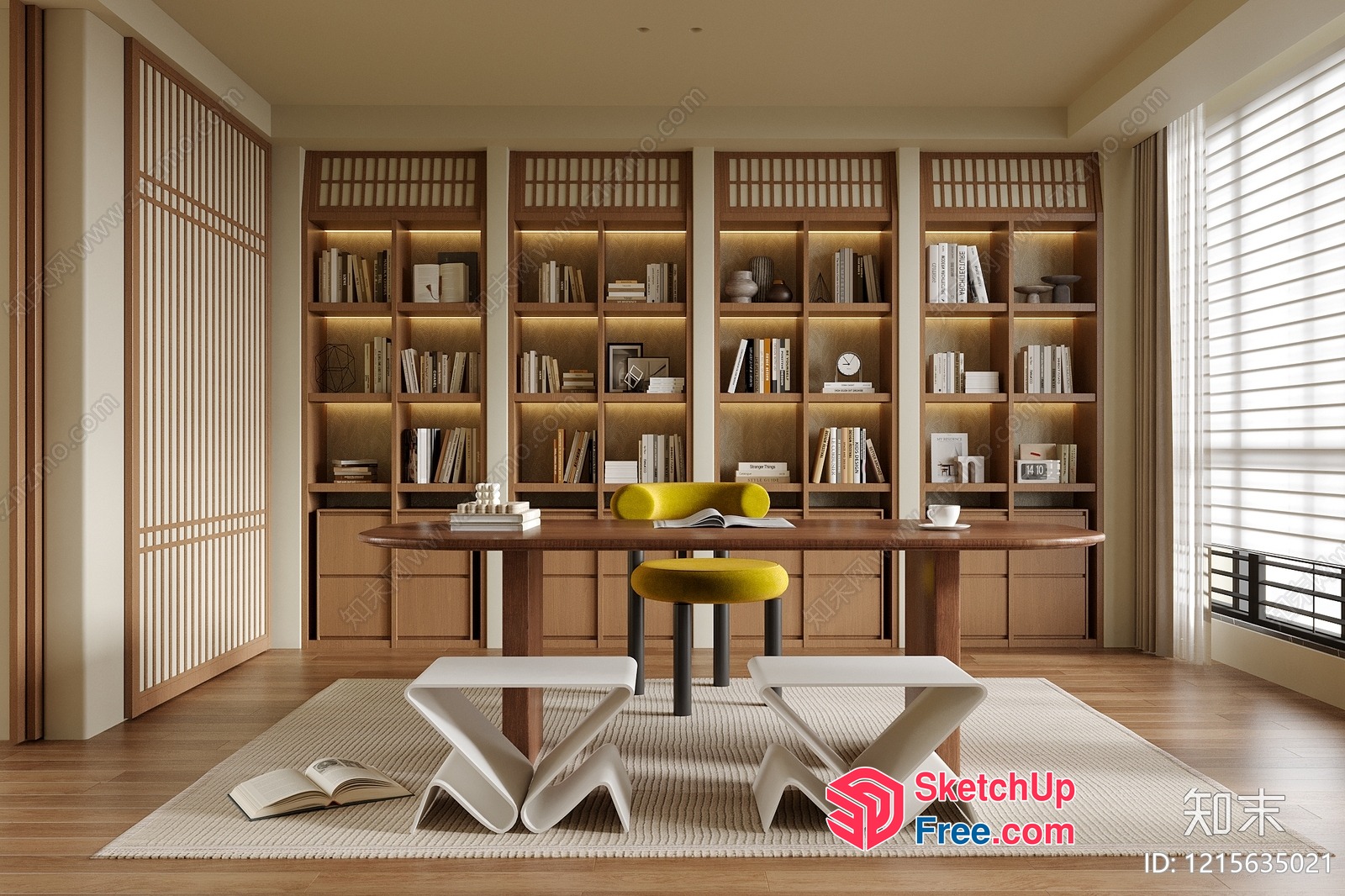 Modern Minimalist Study Room With Natural Light And Bookshelves 3D SketchUp File