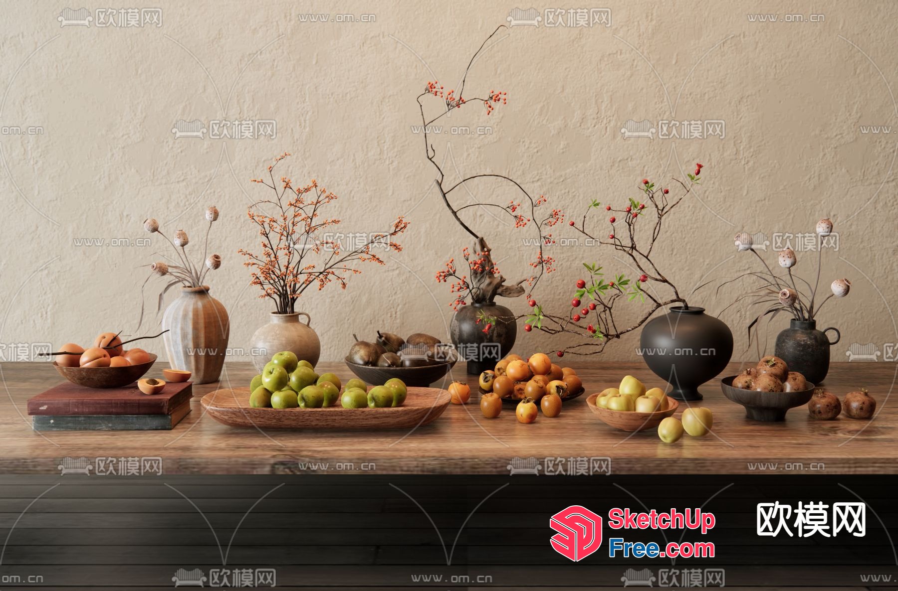 Decorative Fruit Display On Wooden Table 3D SketchUp File
